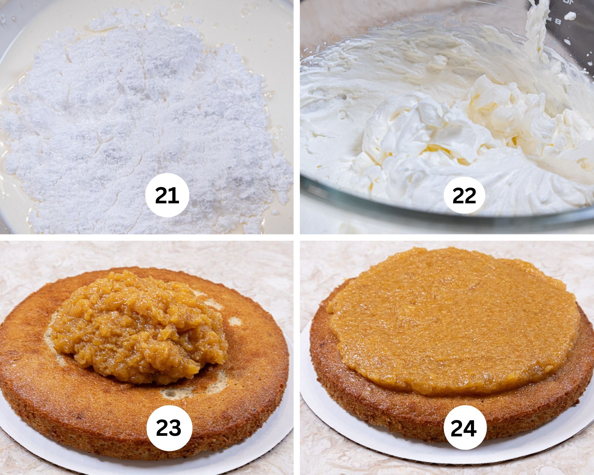 This collage shows the powdered sugar and heavy cream in a mixing bowl, the cream whipped, the caramelized pineapple on the cake then spread out evenly.