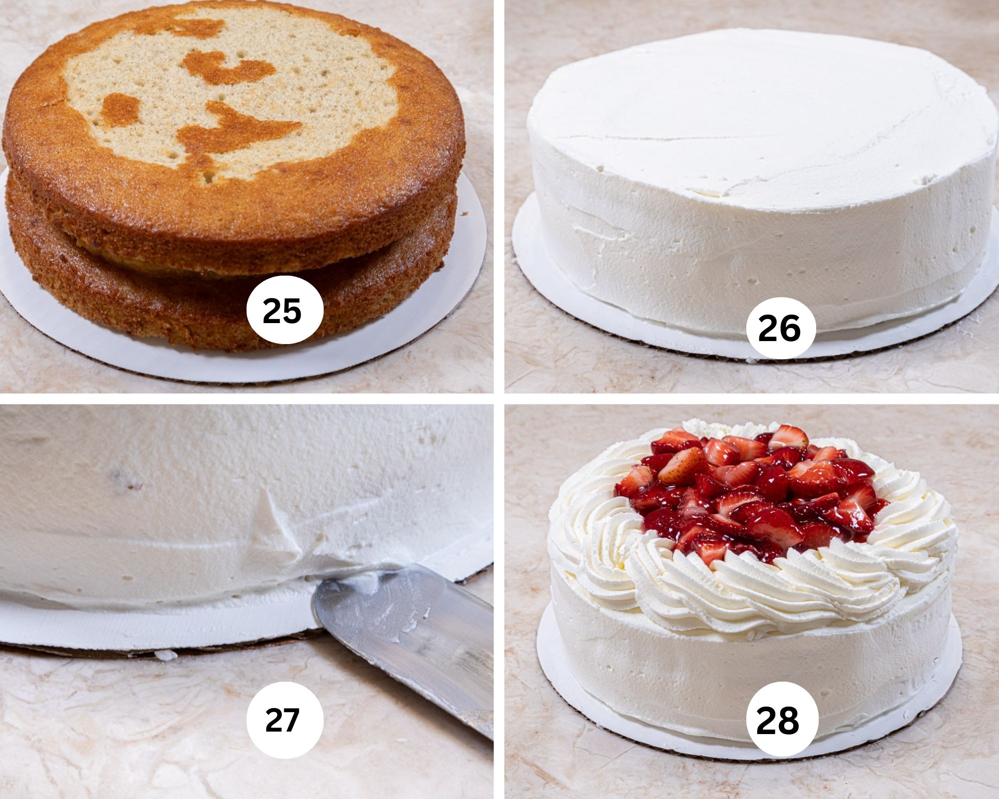 The last collage shows the top layer of the cake put on, the cake covered in whipped cream, the bottom being channeled and the top edged with whipped cream and the strawberries in the middle.