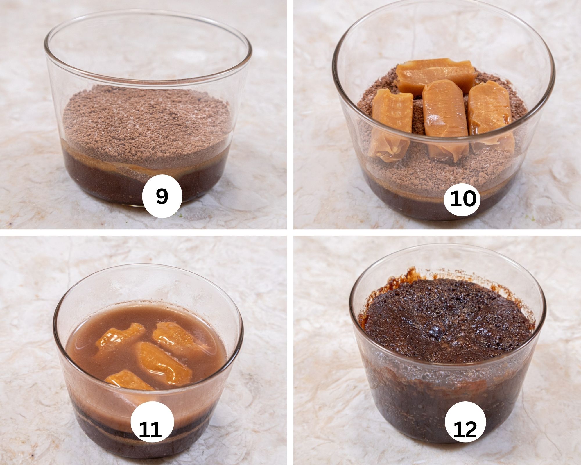 The last collages shows the second dry mixture placed over t he batter,  4 caramels on top of that, hot water poured over the caramels and the baked brownie, 