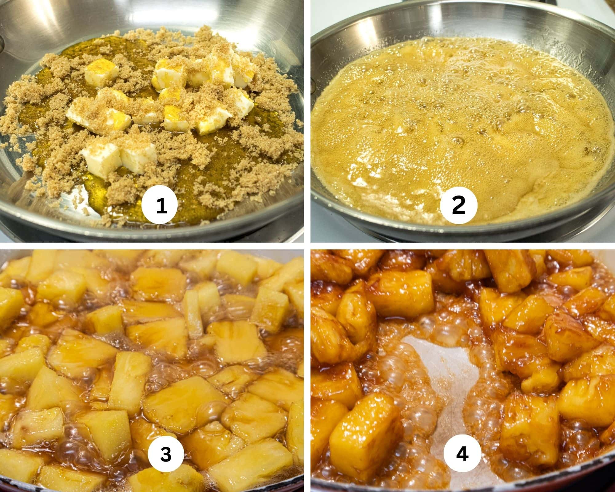 Caramelizing the pineapple shows the butter, golden syrup and brown sugar in a skillet, brought to a boil, the pineapple added to the pan and the caramelized pineapple finished.