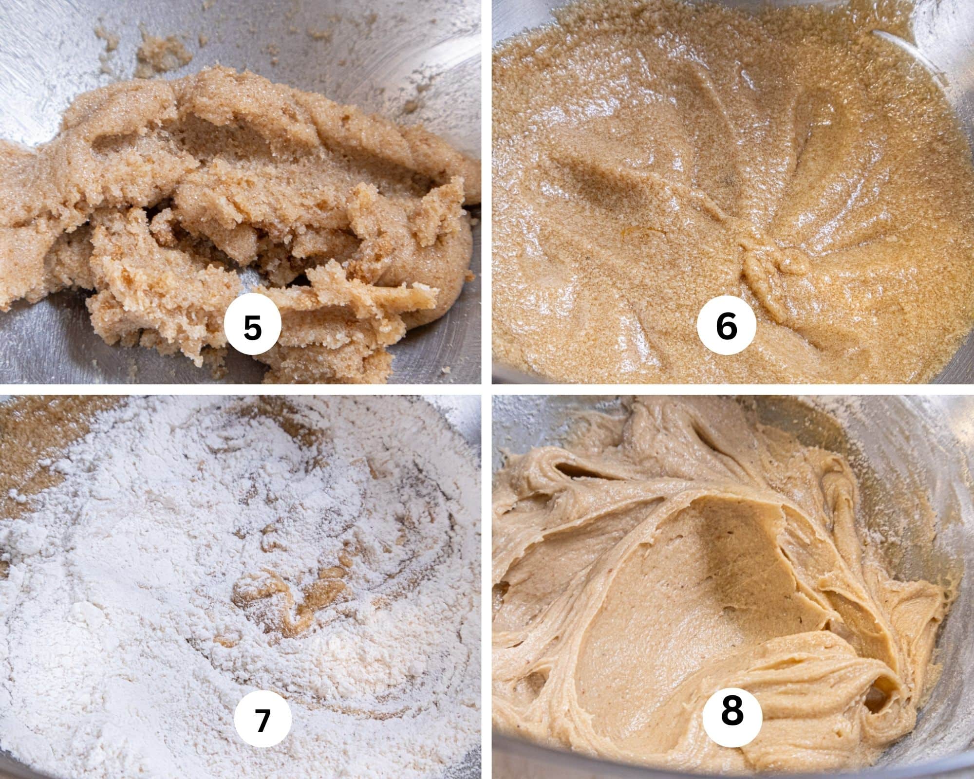 The second collages shows the butter and sugars creamed, curdled in the mixing bowl. flour added and the batter coming together. 