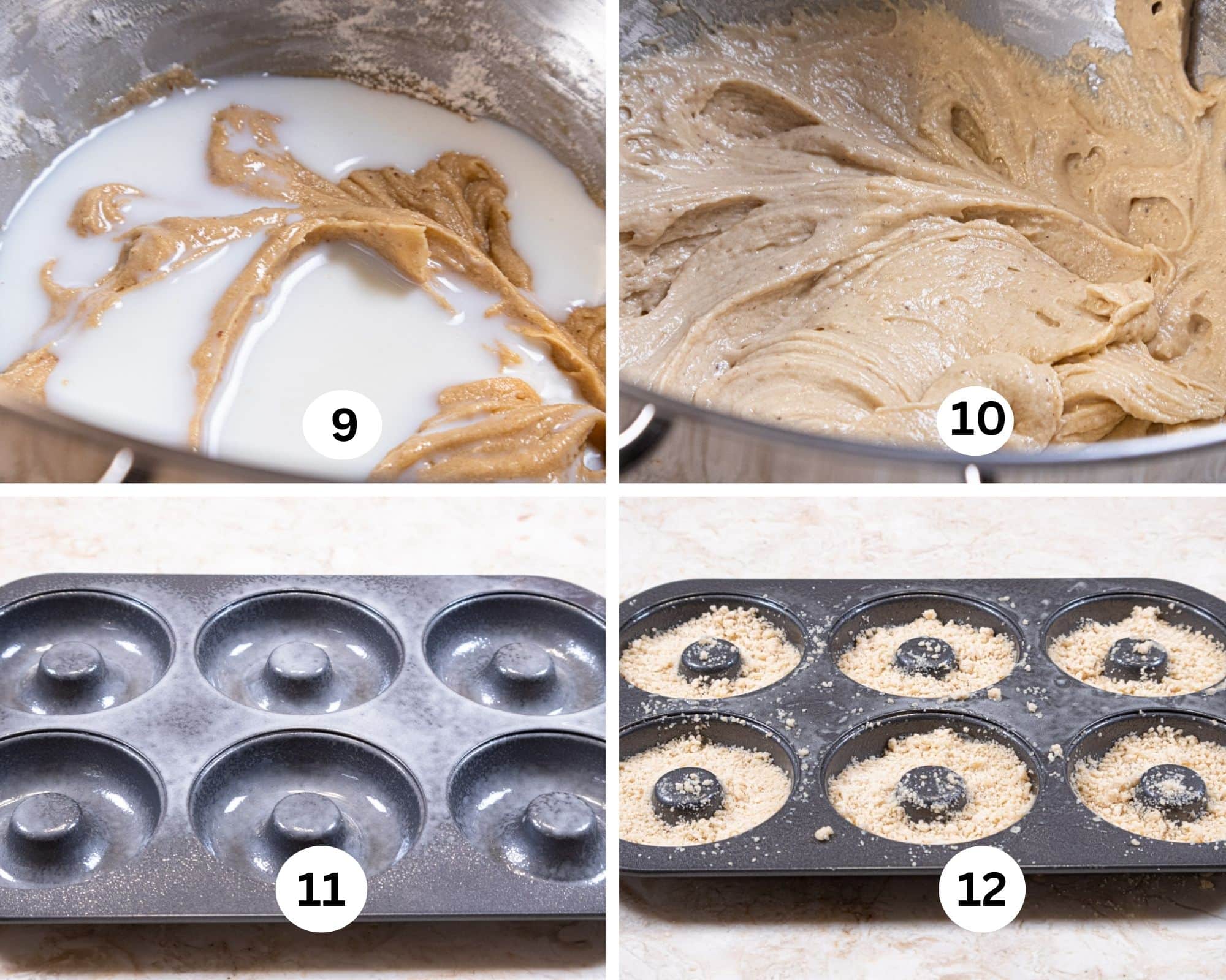 The third collages shows the first addition of millk to the batter, the finished batter, the donut pan and the pan filled with batter. 