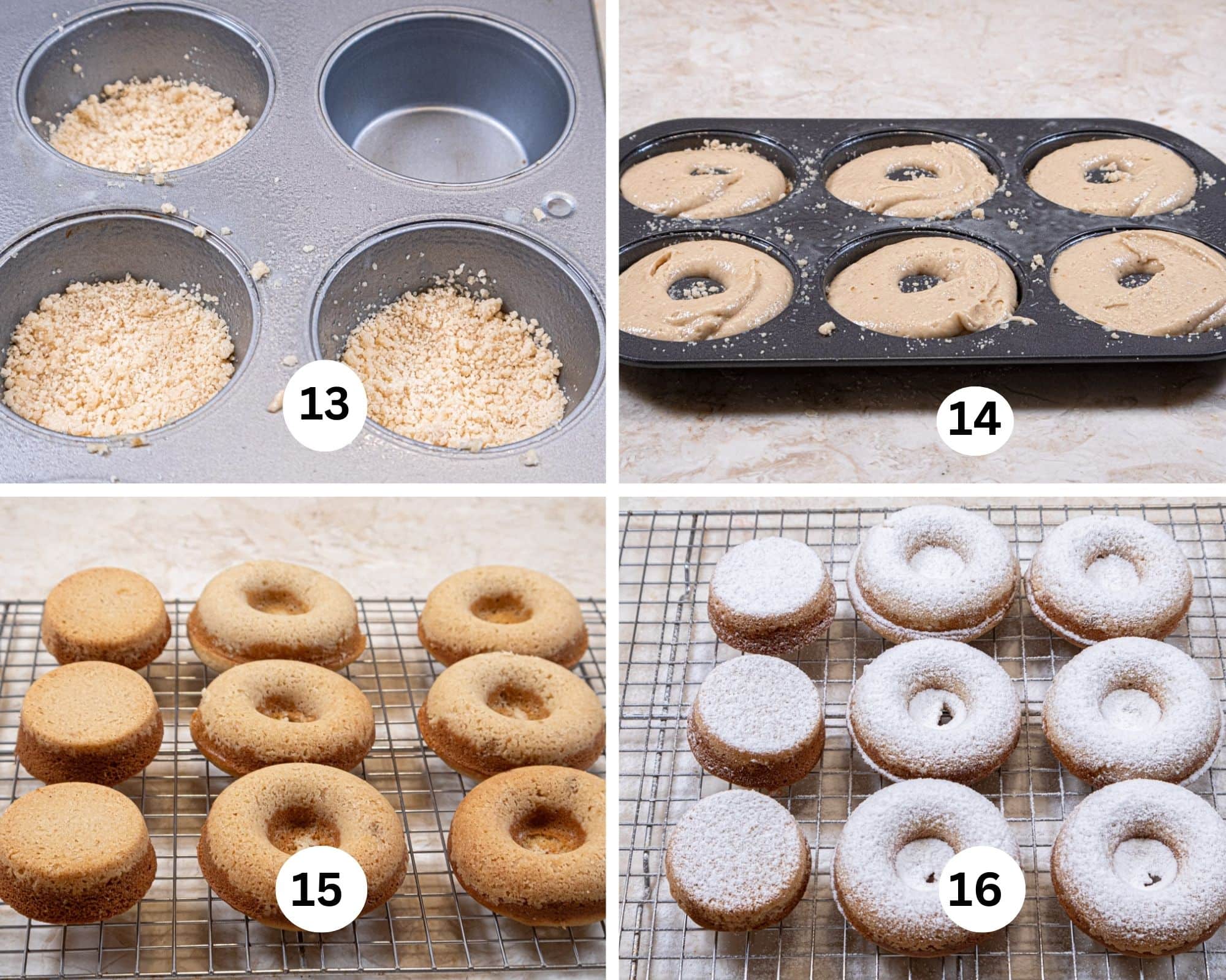The last collage shows the crumbs in a muffin pan, the donut pan with the batter piped over the crumbs, the baked donuts and then powdered sugared.  