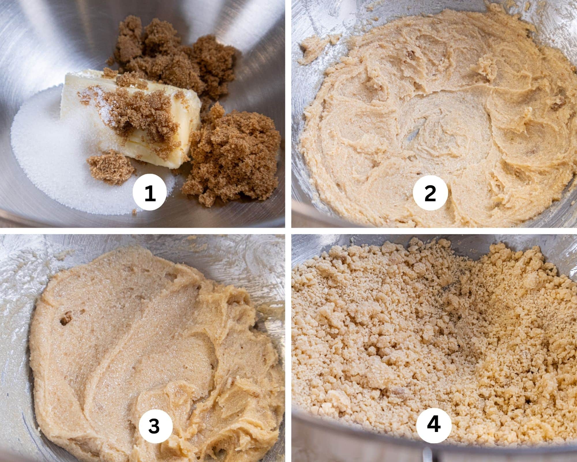 The first collage shows the butter, granulated sugar, and brown sugar in a mixing bowl, creamed, scraped down and the crumbs made. 