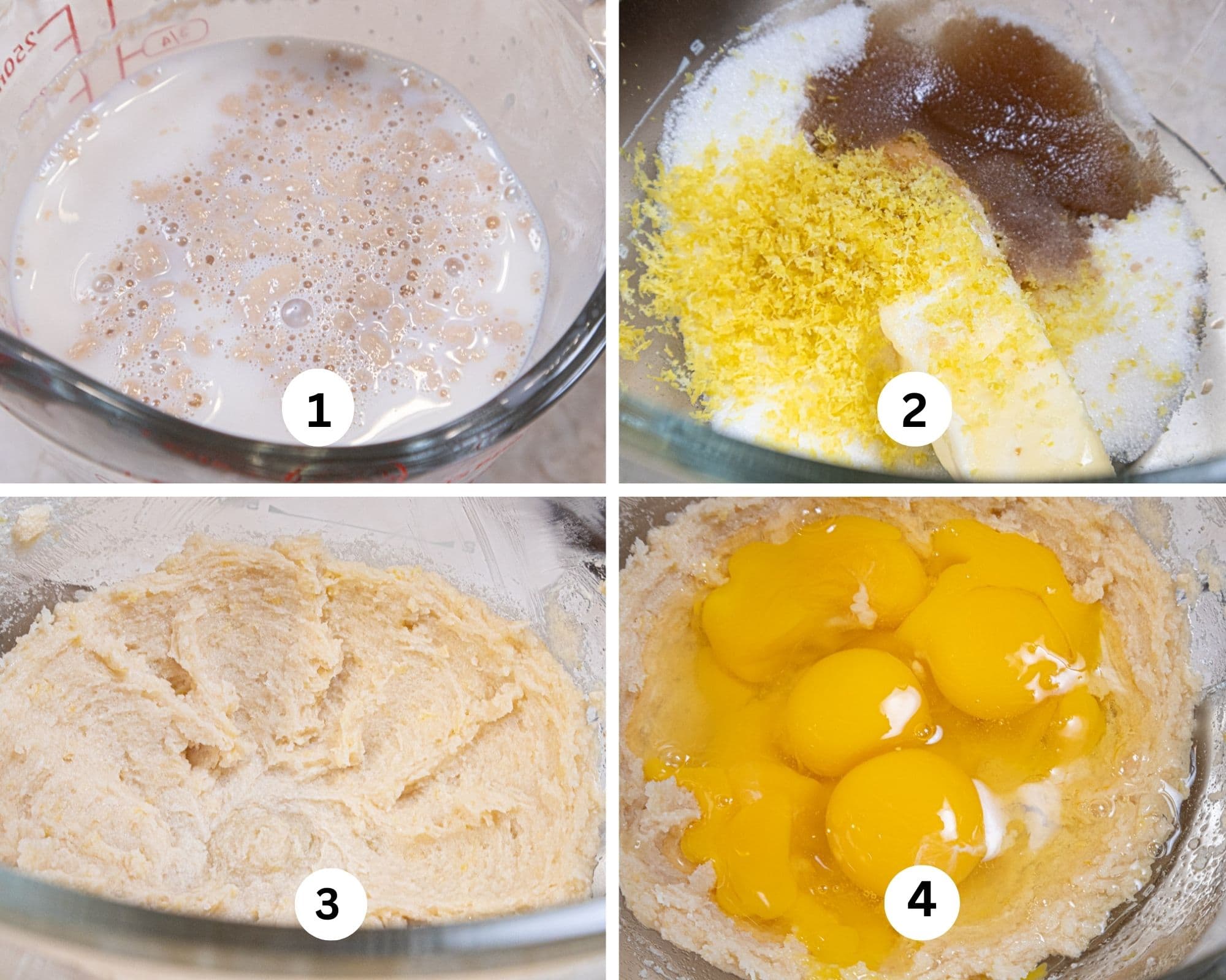 The first collages shows the yeast in the milk, the sugar, vanilla and lemon zest in a mixing bowl, creamed together and the eggs and  yolks added.  