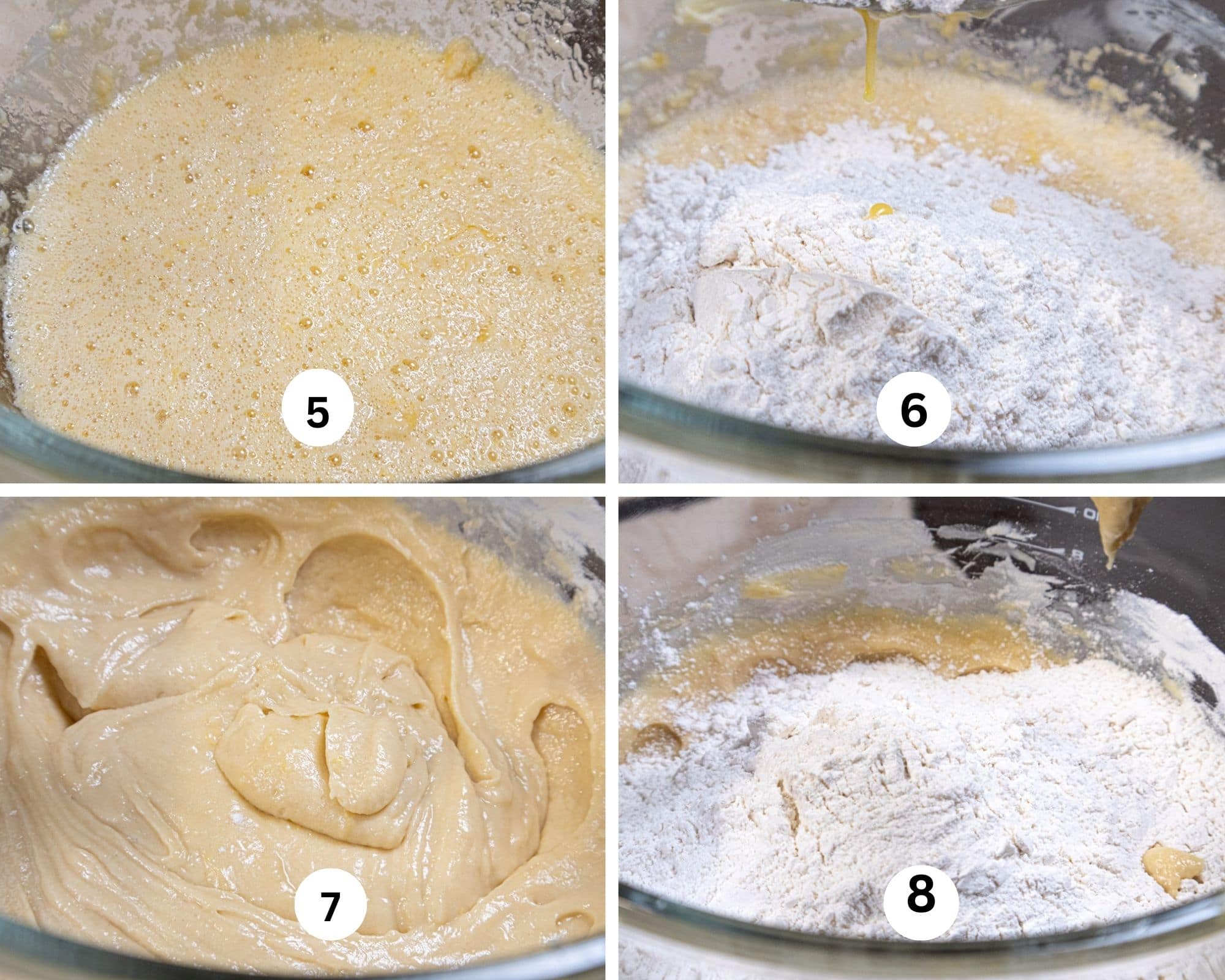 This collage shows the mixture has curdled, the first addition of flour,it beaten in and the second addition added.