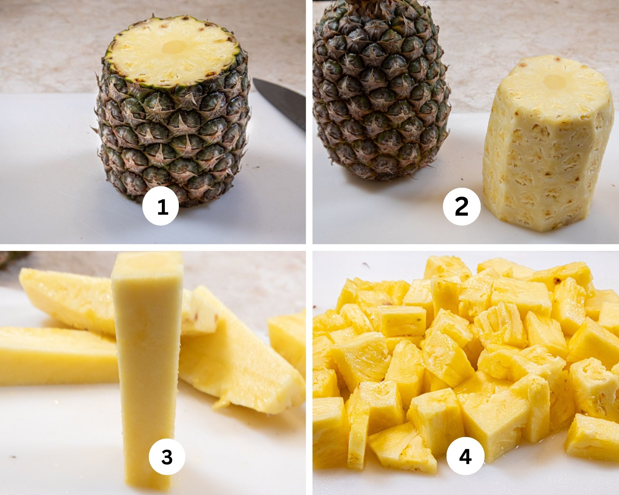 This collages shows the top and bottom cut from the pineapple, the outside cut away, the pineapple cut from the core and a pile of pineapple chunks.