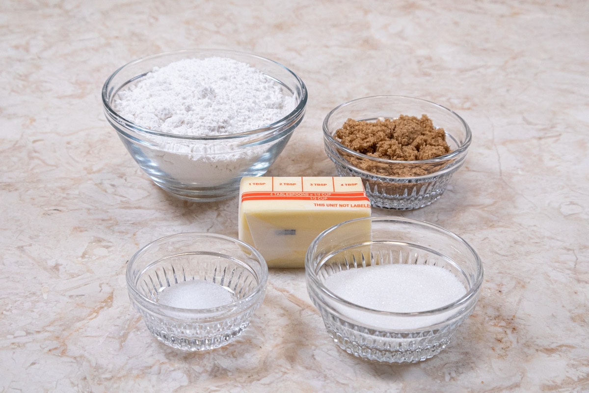 Ingredients for the crumbs include butter, granulated sugar, dark brown sugar, salt, and cake flour
