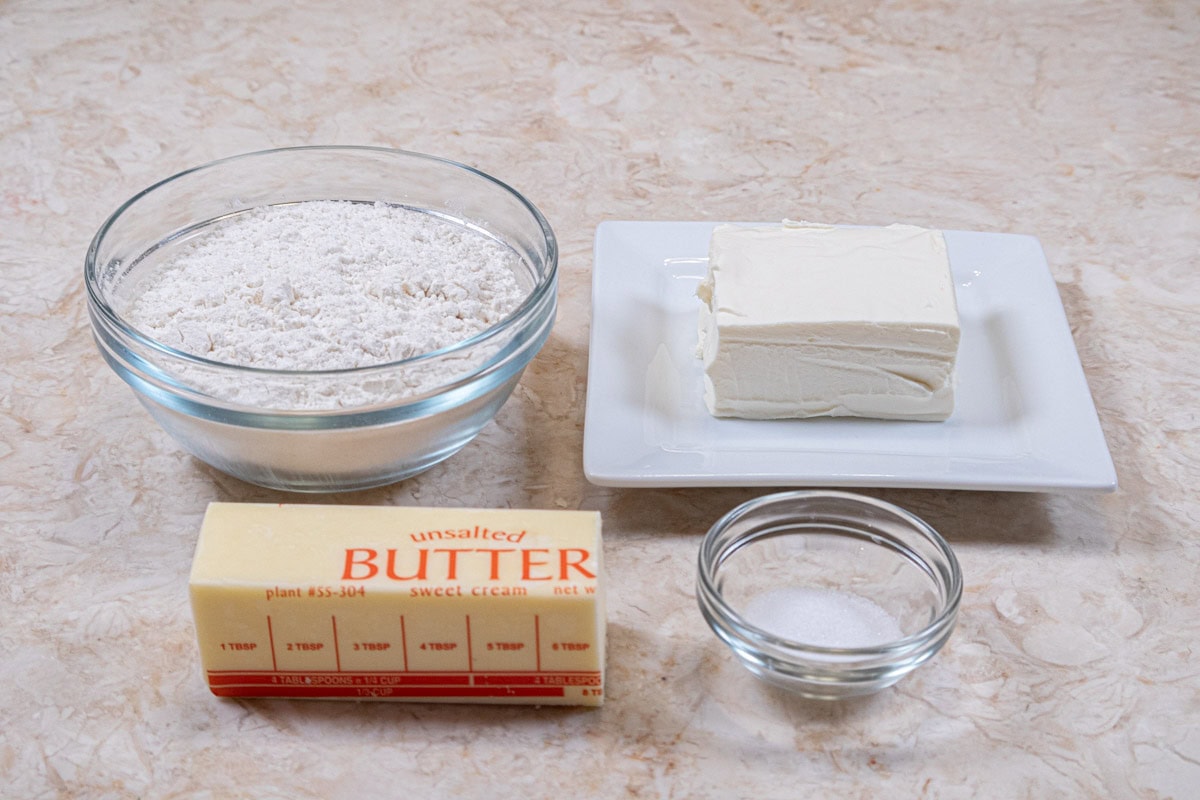 The ingredients for the cream cheese crust are all-purpose flour, cream cheese, butter and salt.