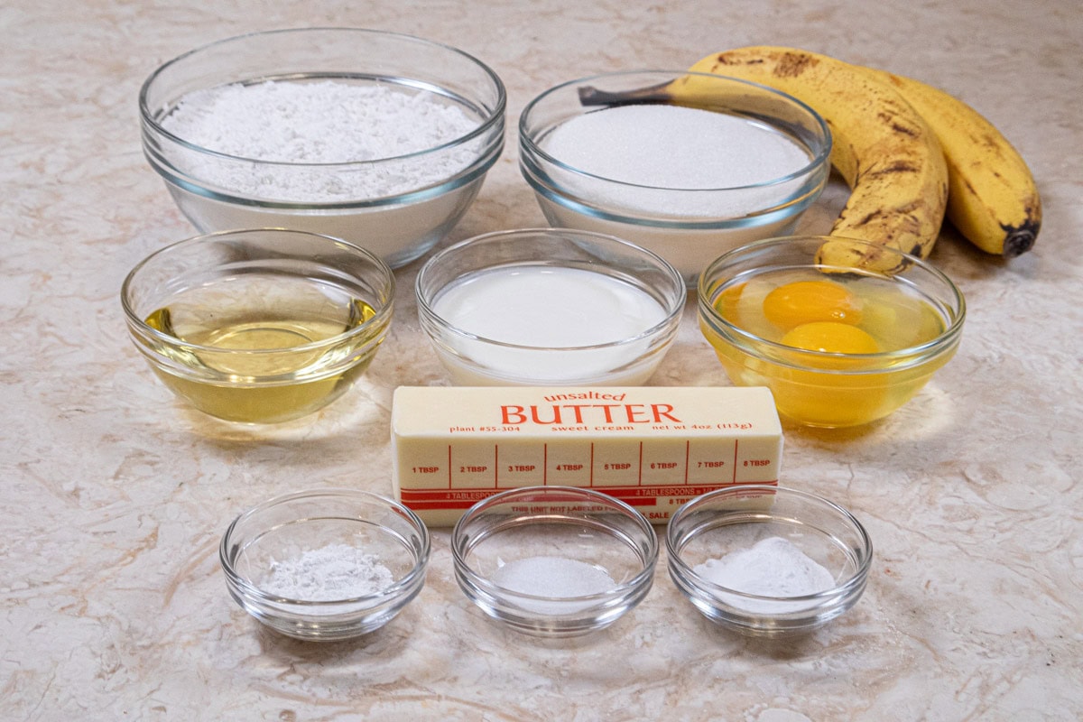 Ingredients for My Best Banana Cake Recipe are cake flour, baking soda, baking powder, salt, banana puree, buttermilk, oil, unsalted butter, granulated sugar and eggs.