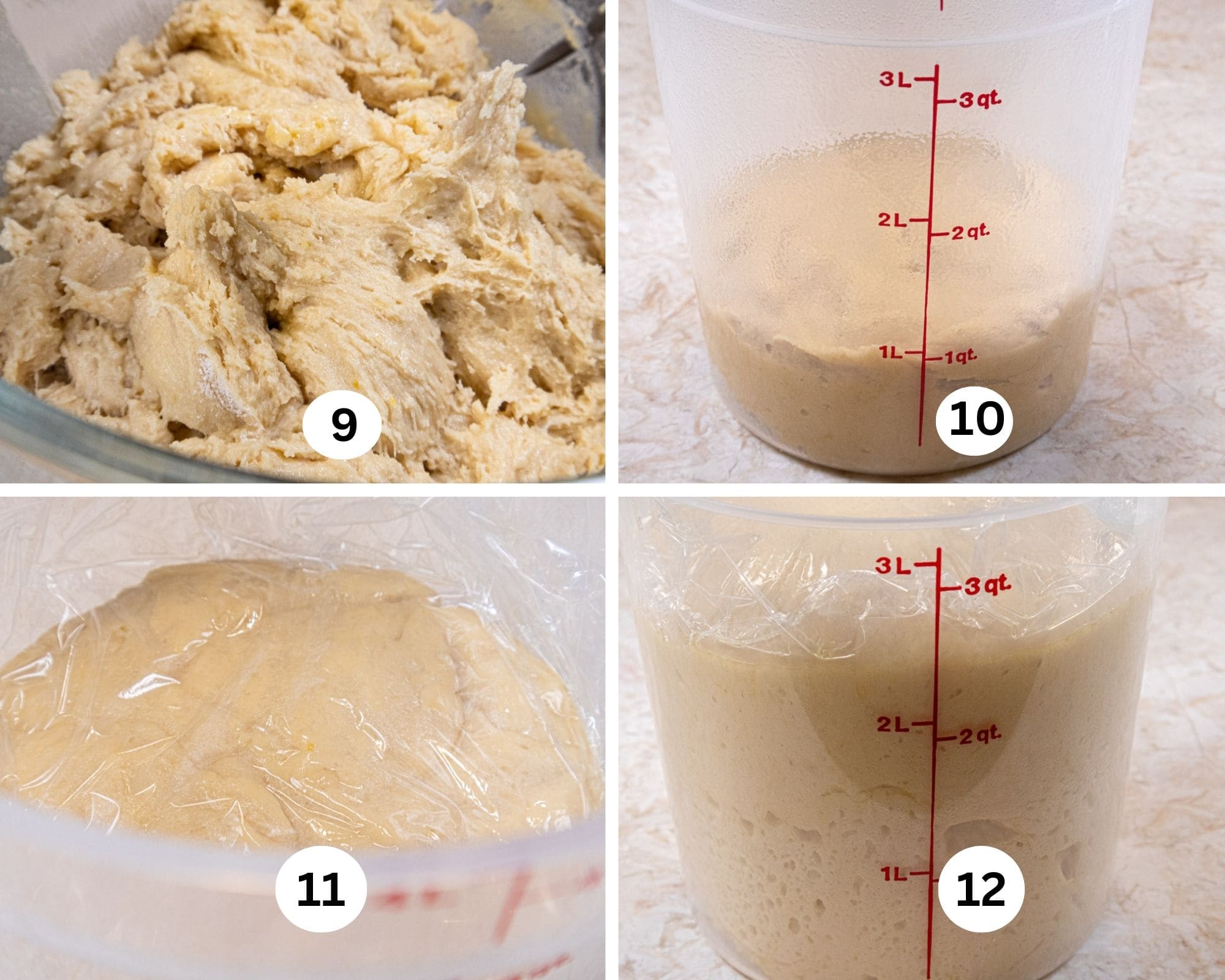 The third collage shows the dough completed, in a container, covered and then risen.  