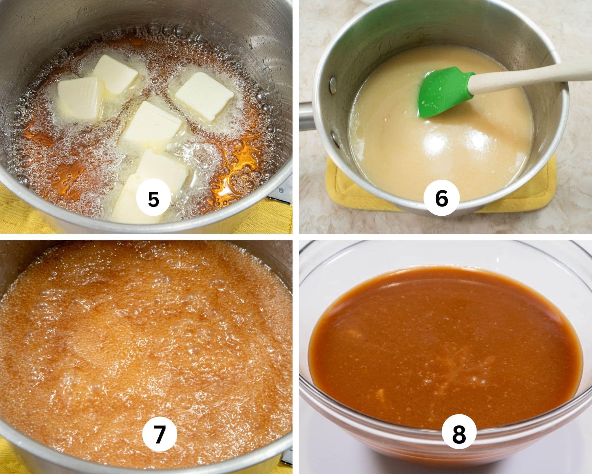 The second caramel collages shows the butter added to the bronze syrup, the cream and vanilla added, the caramel brought to a hard boil again and the finished caramel in a bowl.