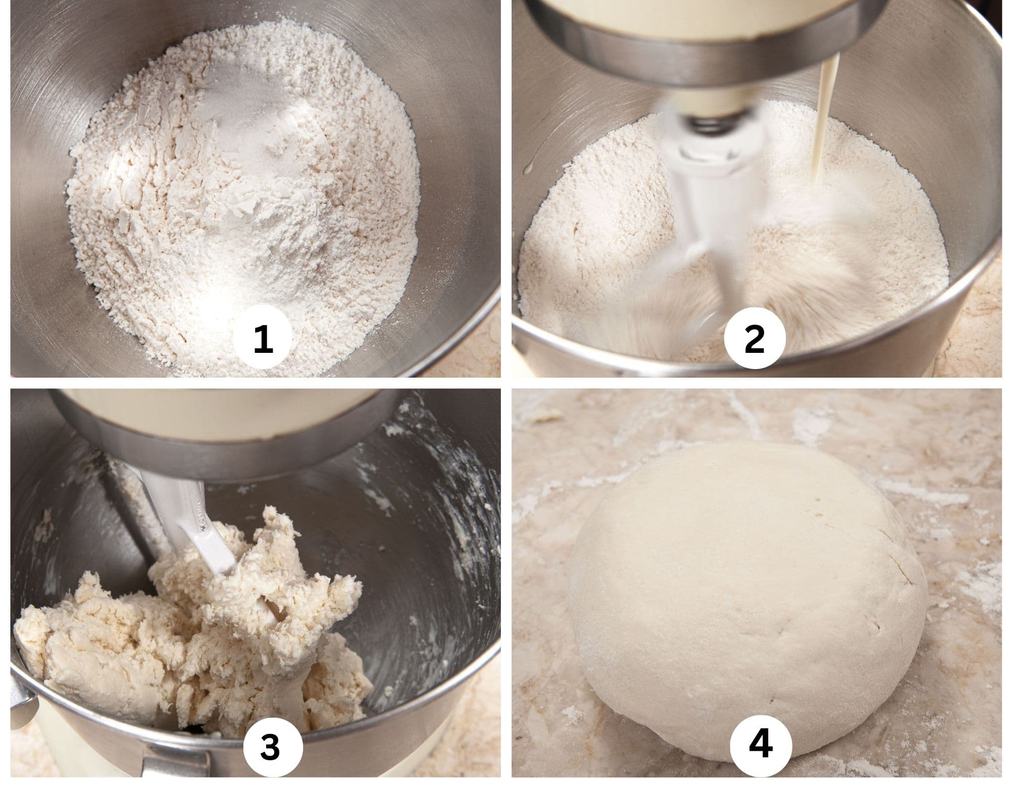 The first collage for these Cream biscuits shows the dry ingredients in the bowl of a mixer, the cream added, the dough made and then shaped into a ball.  