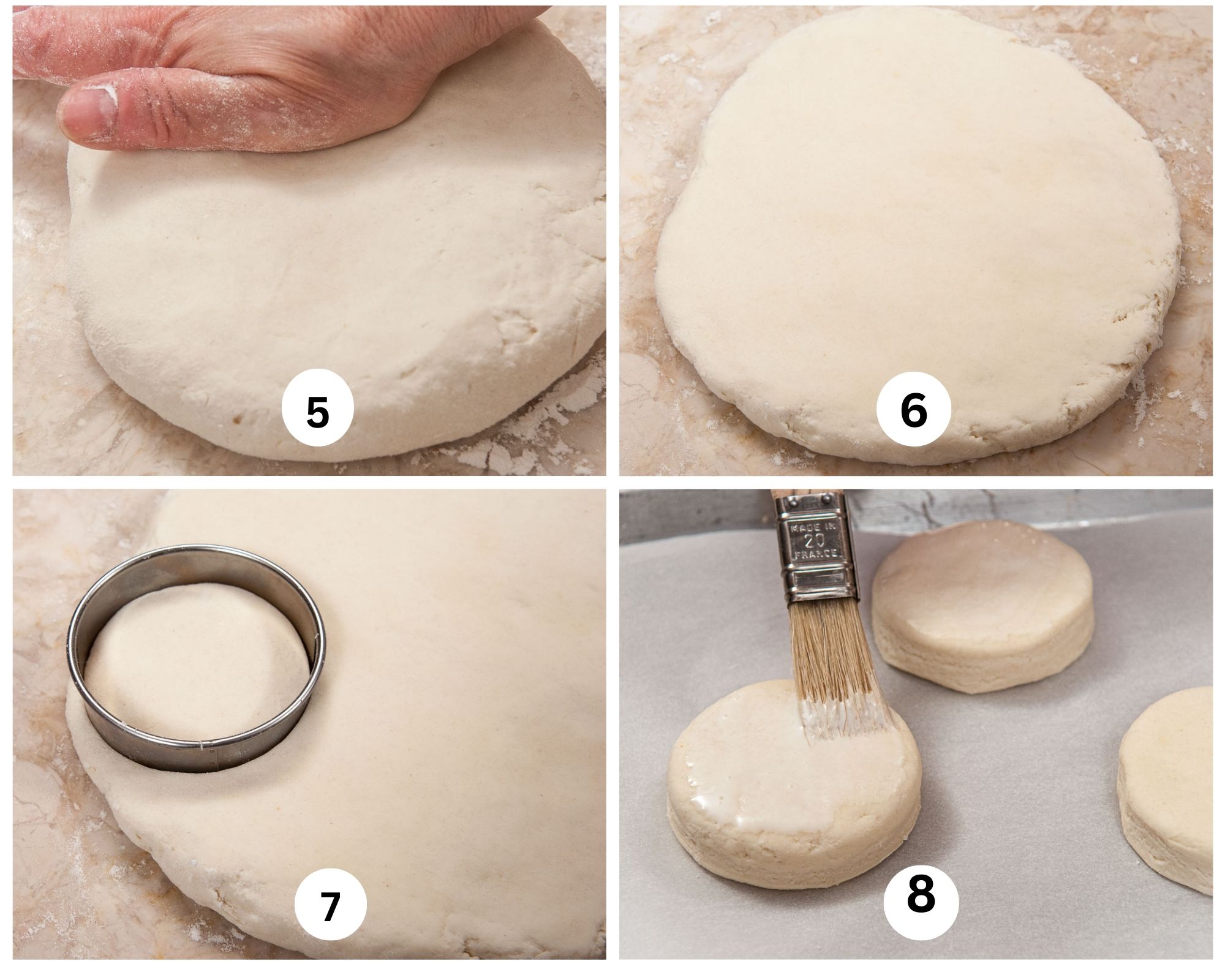 This collage shows the dough being pressed about ¾" thick, the cutter cutting out a buiscuits then brushing with cream. 