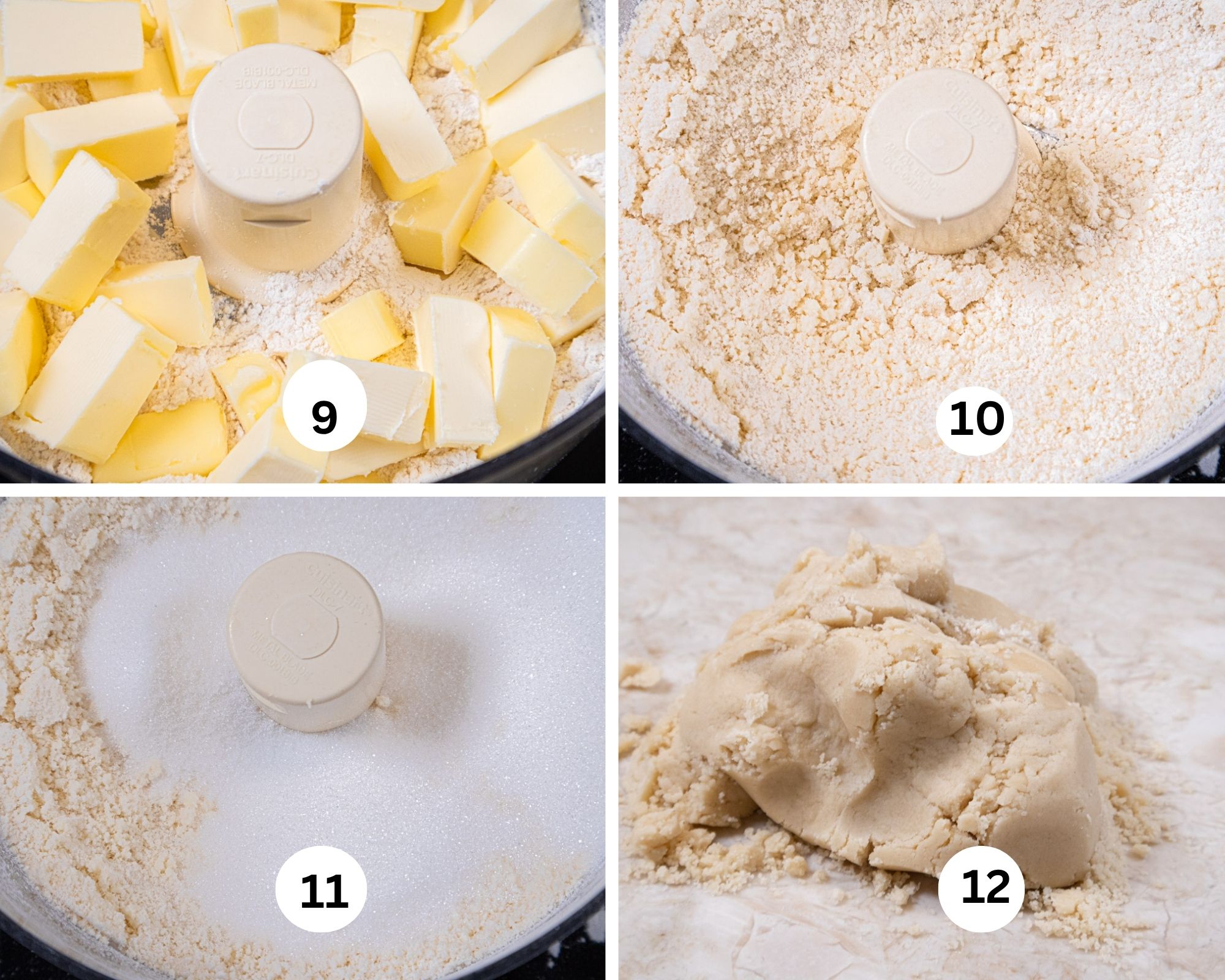 The steps for the shortbread crust show the butter in the processor along wtiht the flour.  the butter cut into the flour, the sugar added and the dough completed on a work surface. 