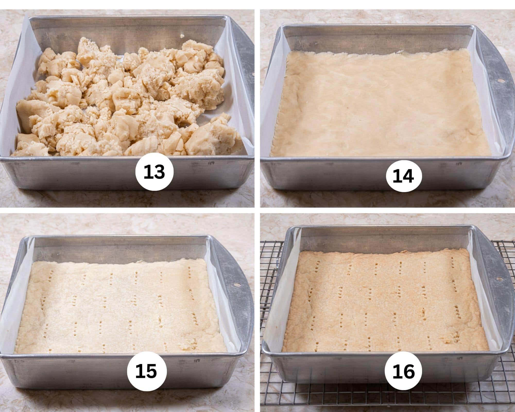 The shortbread is in the pan in pieces, pushed together to form a smooth crust, the crust is docked and baked.  