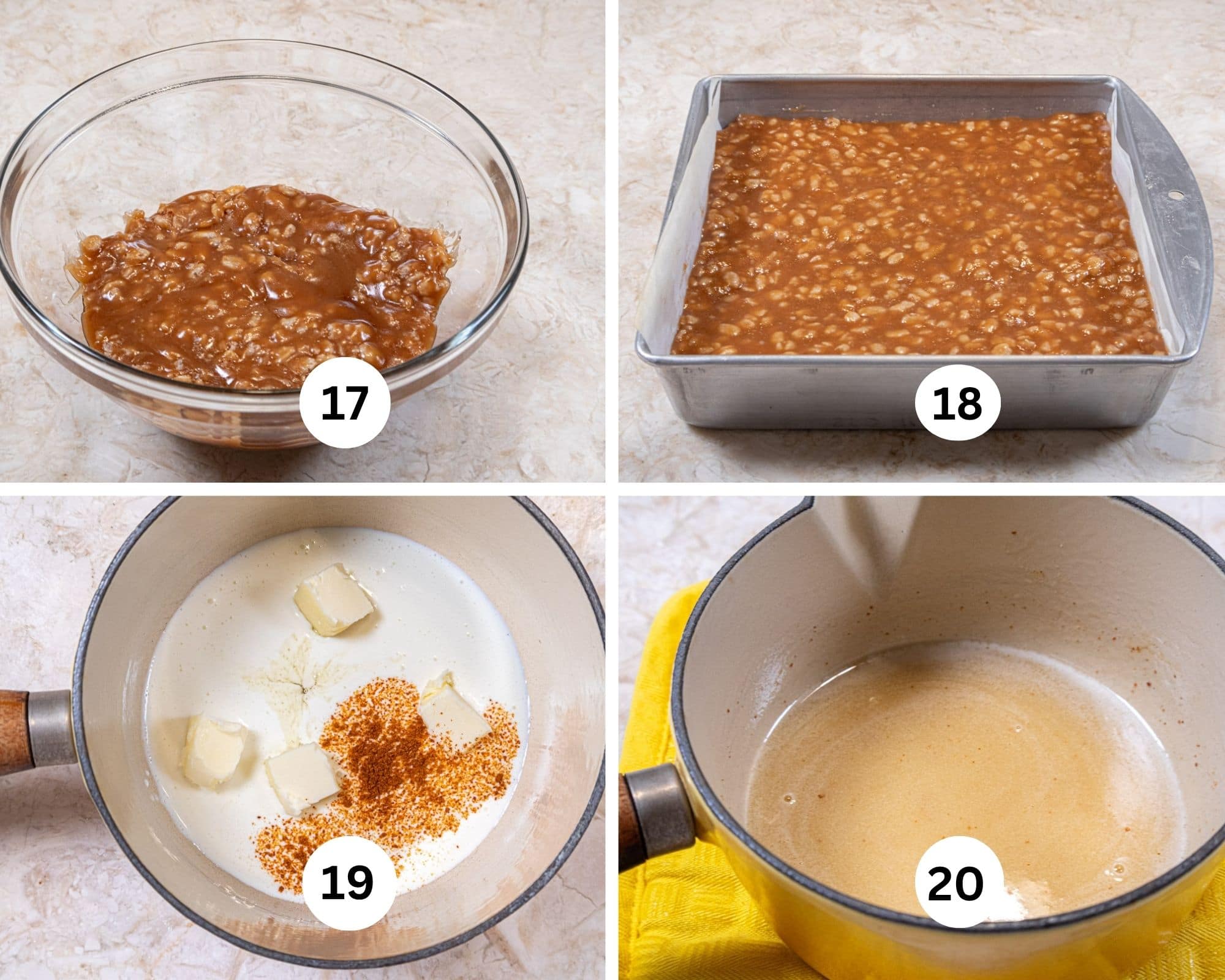 This collage shows the rice krispies added to the caramel, it being spread over the crust, the cream, butter, honey and cayenne in a small sauce pan for the ganache, and then melted together 