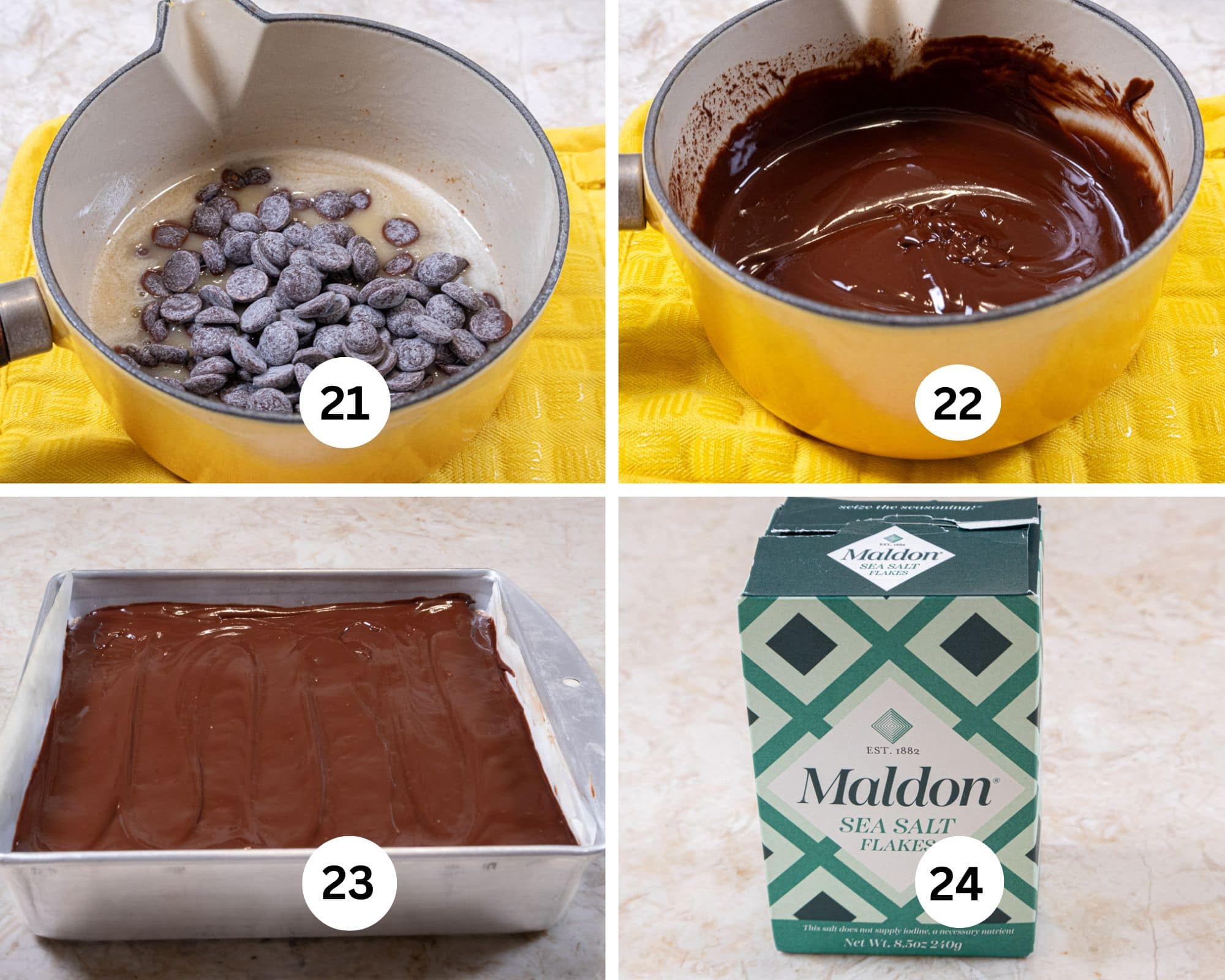 The last collage shows the chocolate added to the saucepan, the ganache finished, spread over the caramel and a box of Maldon Salt Flakes.