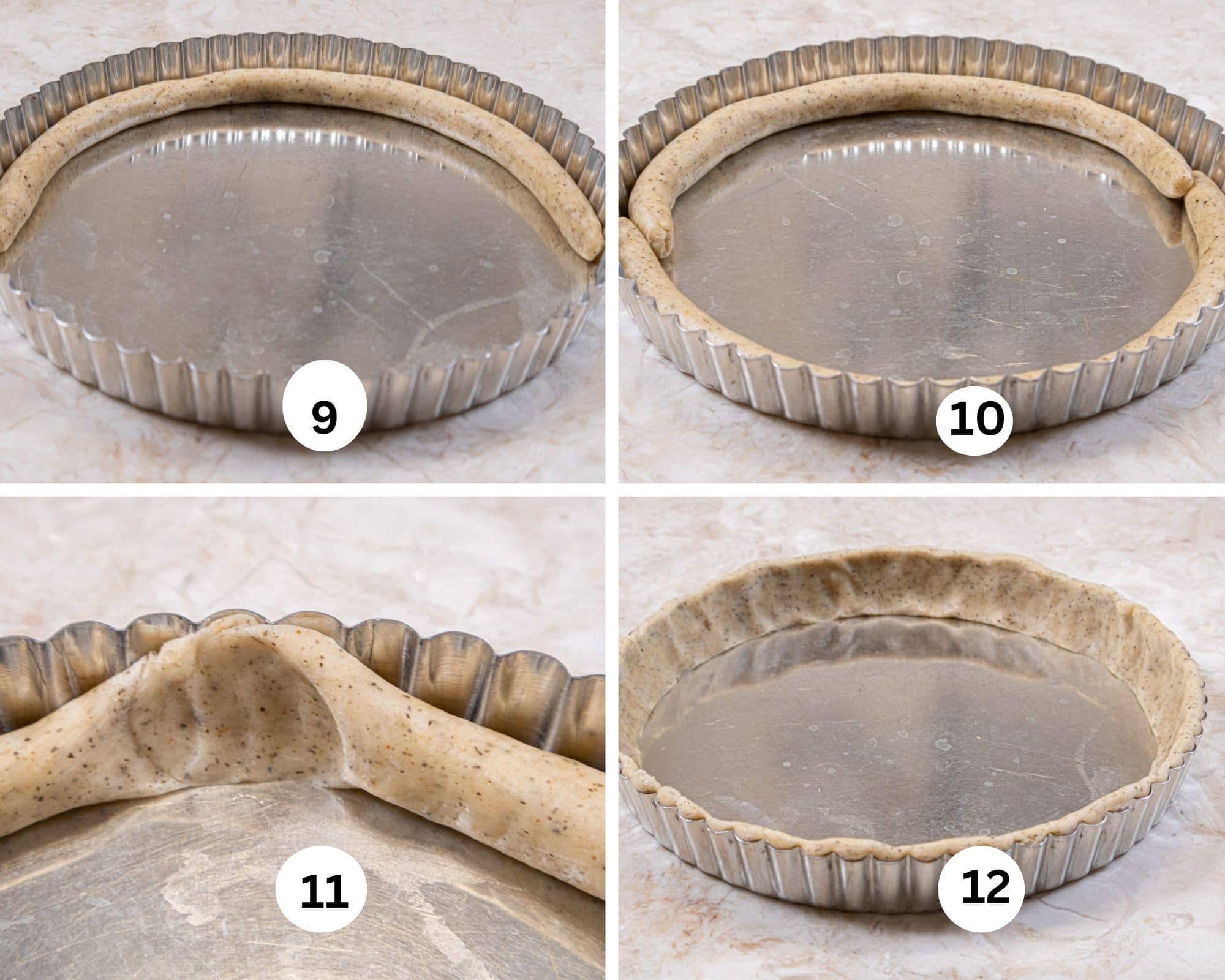 The rope of dough is place against the rim of the tart pan, the second rope is placed on the other side, the edges are pinched together and the dough is pressed against the rim.  