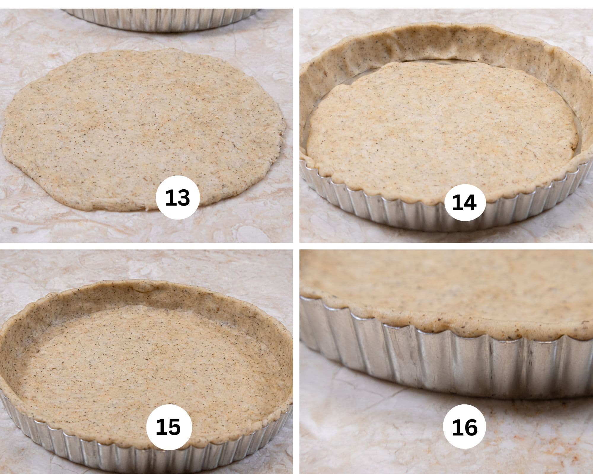 This collage shows the dough for the bottom of the crust press out, put in the tart tin, the edges of the dough slightly above the rim , and the finished crust. 