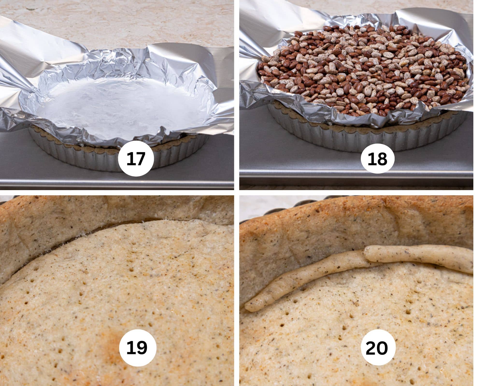 This collage shows foil being place in the tart pan, beans poured into the foil, the crust separated, and the patch in place 