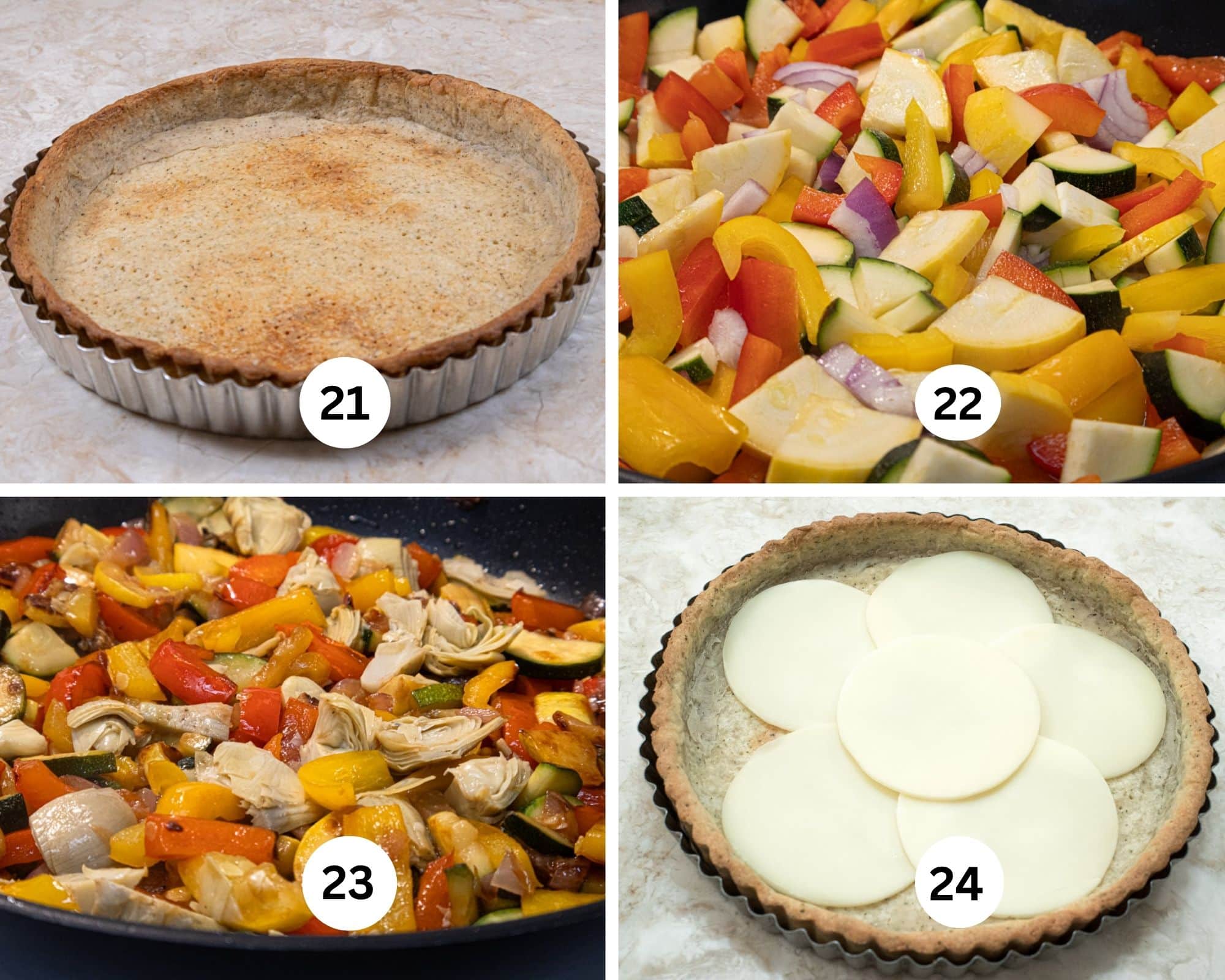 The separation has been filled in, the raw vegetables cut up,  then sauted and cheese placed in the bottom of the baked shell. 