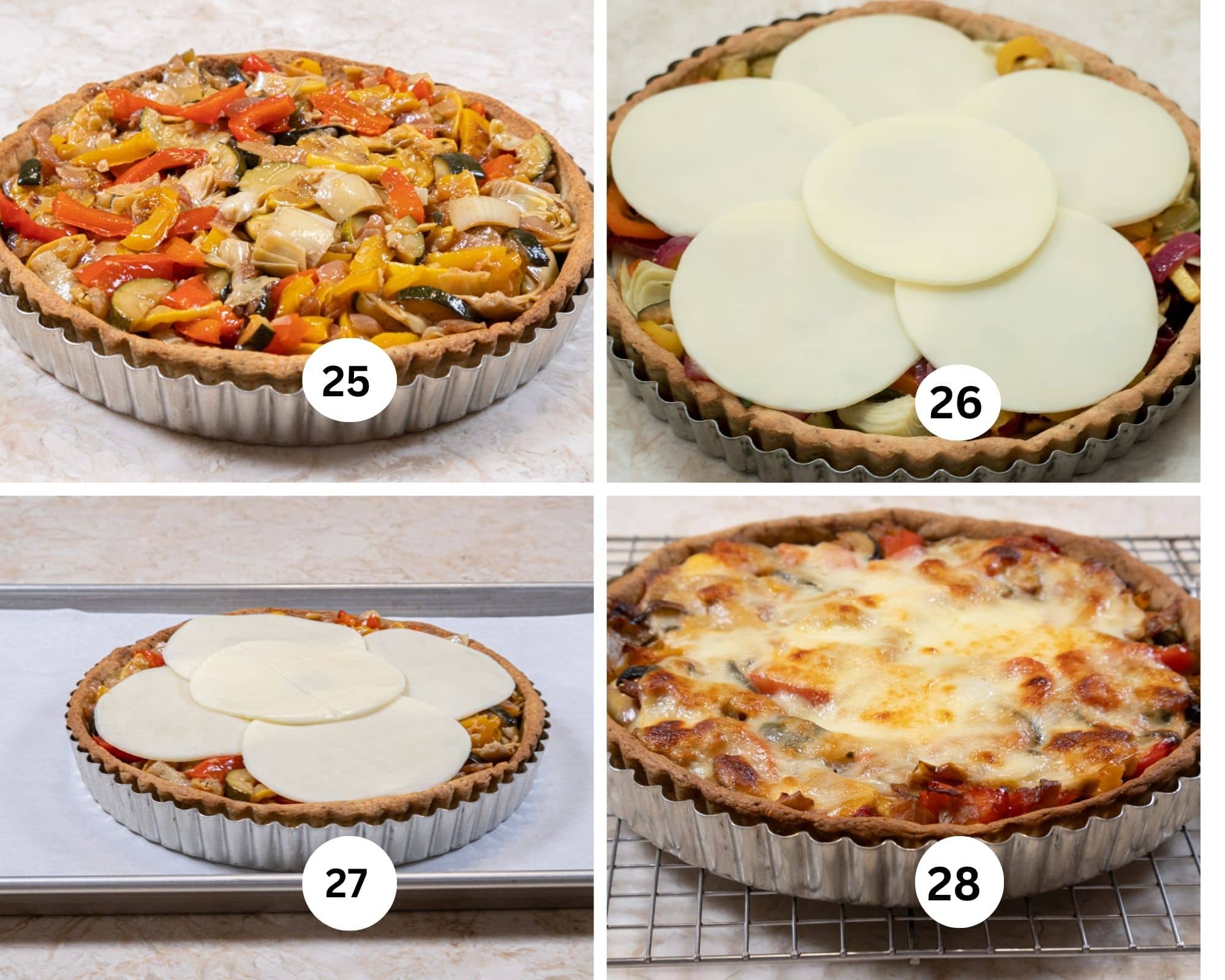 The last collage shows the prepared veggies in the crust, the cheese on the top, the tart placed on a half sheet pan and then baked. 