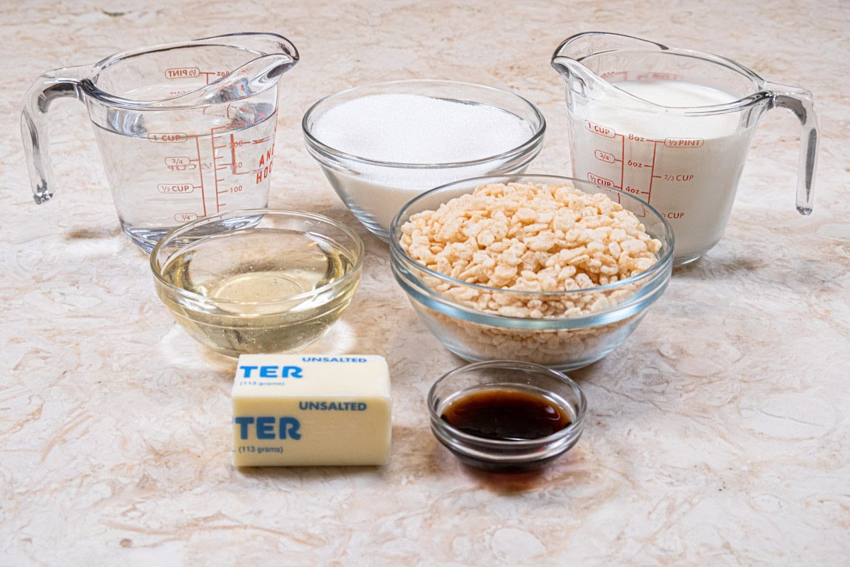 Caramel ingredients include water,
granulated sugar, heavy cream, corn syrup, rice krispies, butter and vanilla. 