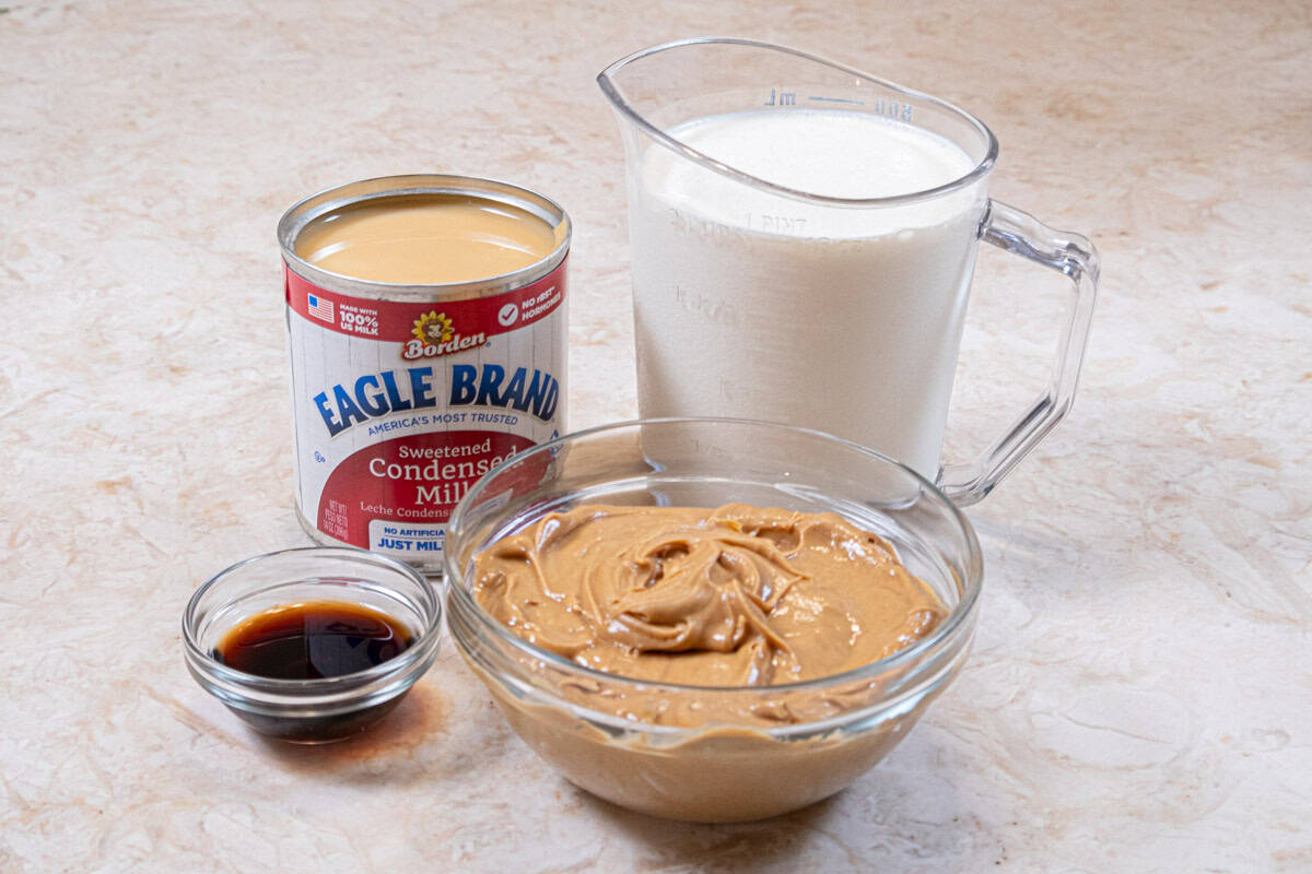 The peanut butter ice cream is made with peanut buttter, heavy cream, condensed milk and vanilla. 