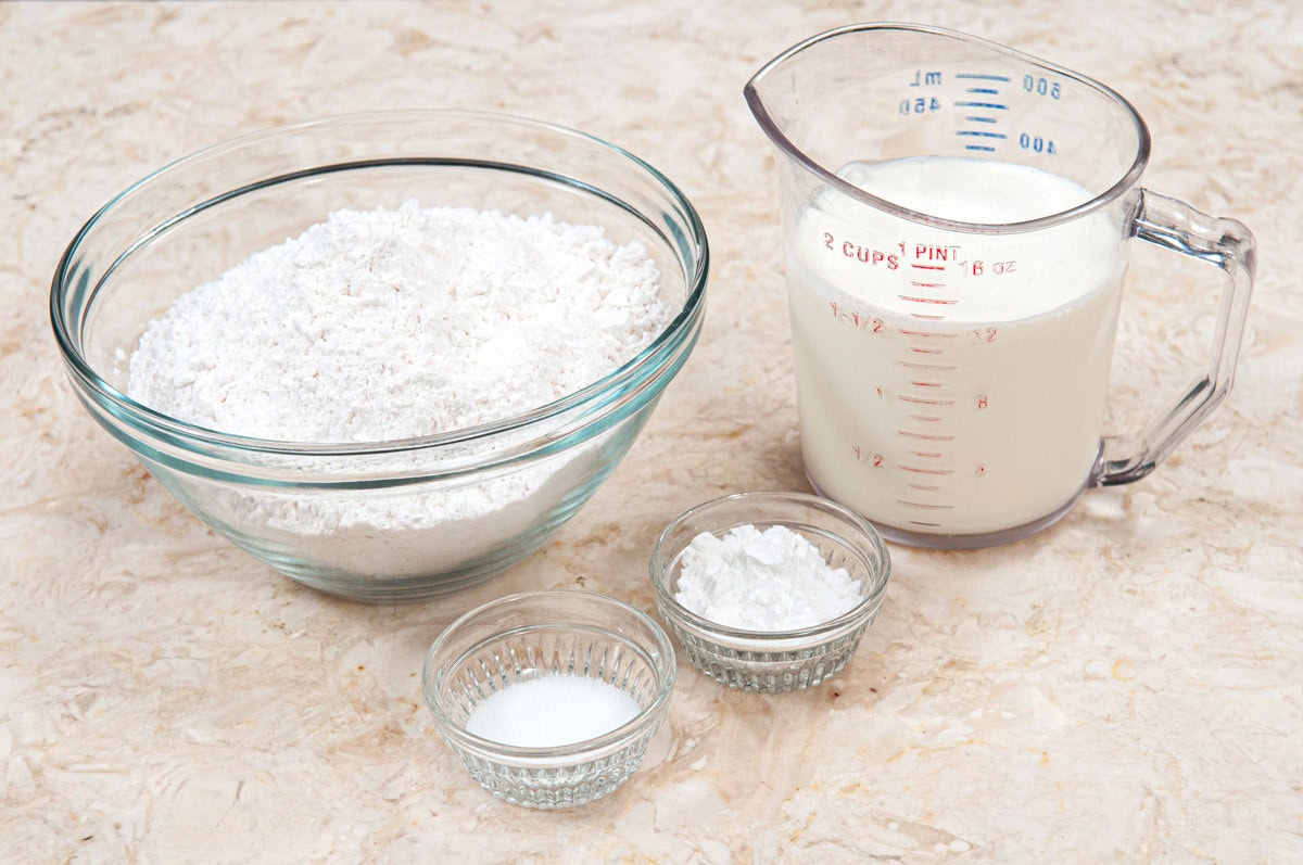 Ingredients for the Cream Biscuits are cake flour, heavy cream, salt and baking powder. 