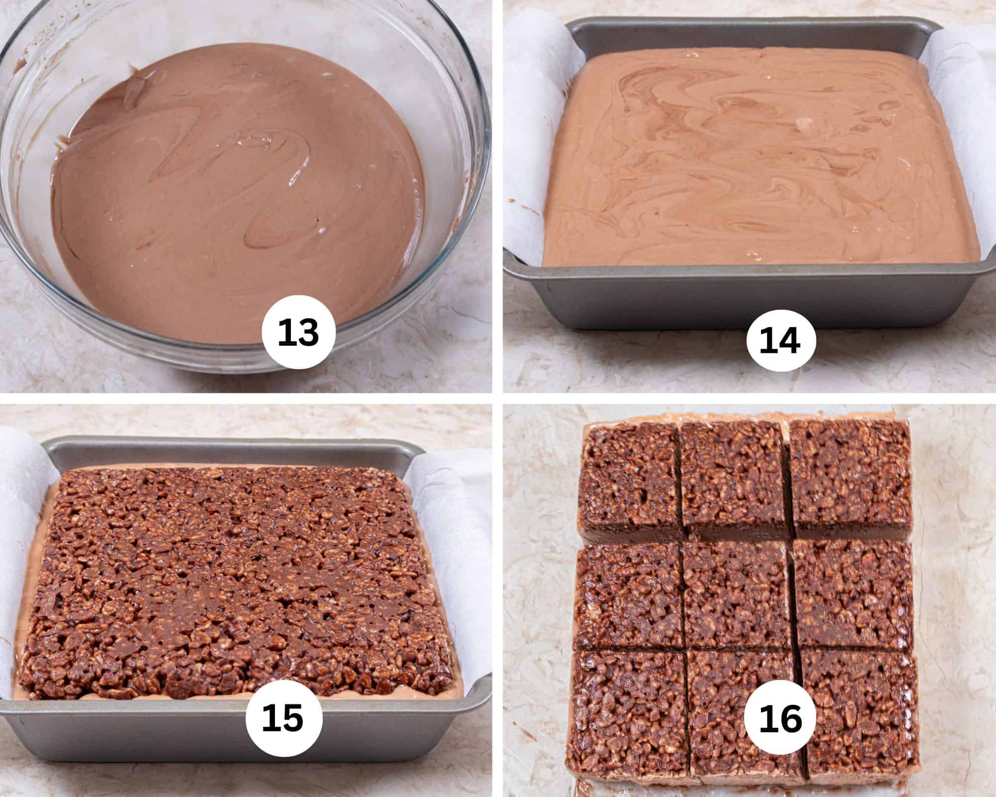 This collage shows the cream and nutella mixed together, poured into the pan, the chocolate krispy layer placed on top and the 9 squares cut from the frozen dessert.