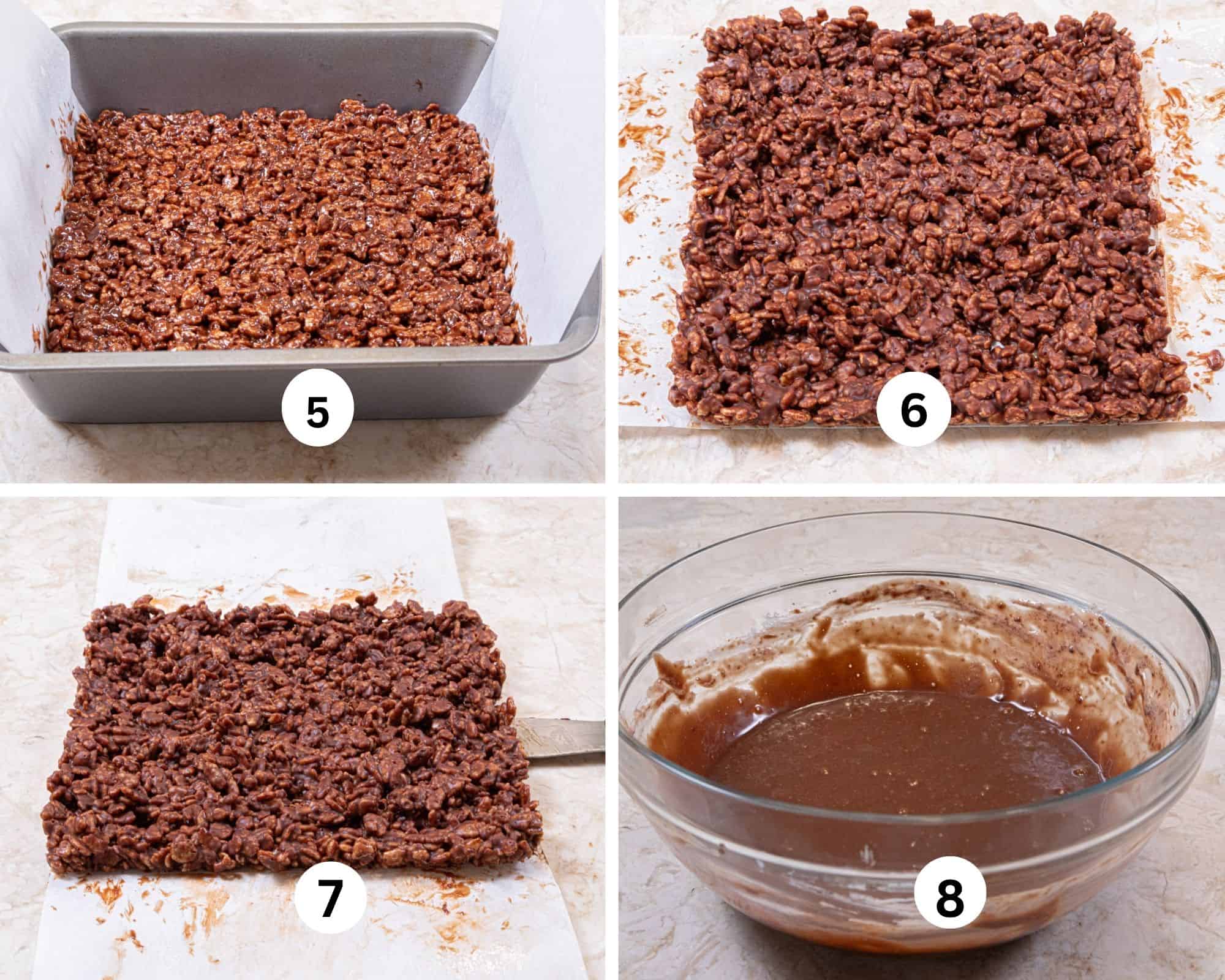 Half of the chocolate rice krispie mixutre is pressed into the square pan and frozen, the removed from the panand loosened from the parchment paper to go back into the freezer and last the nutella is slightly warmed. 
