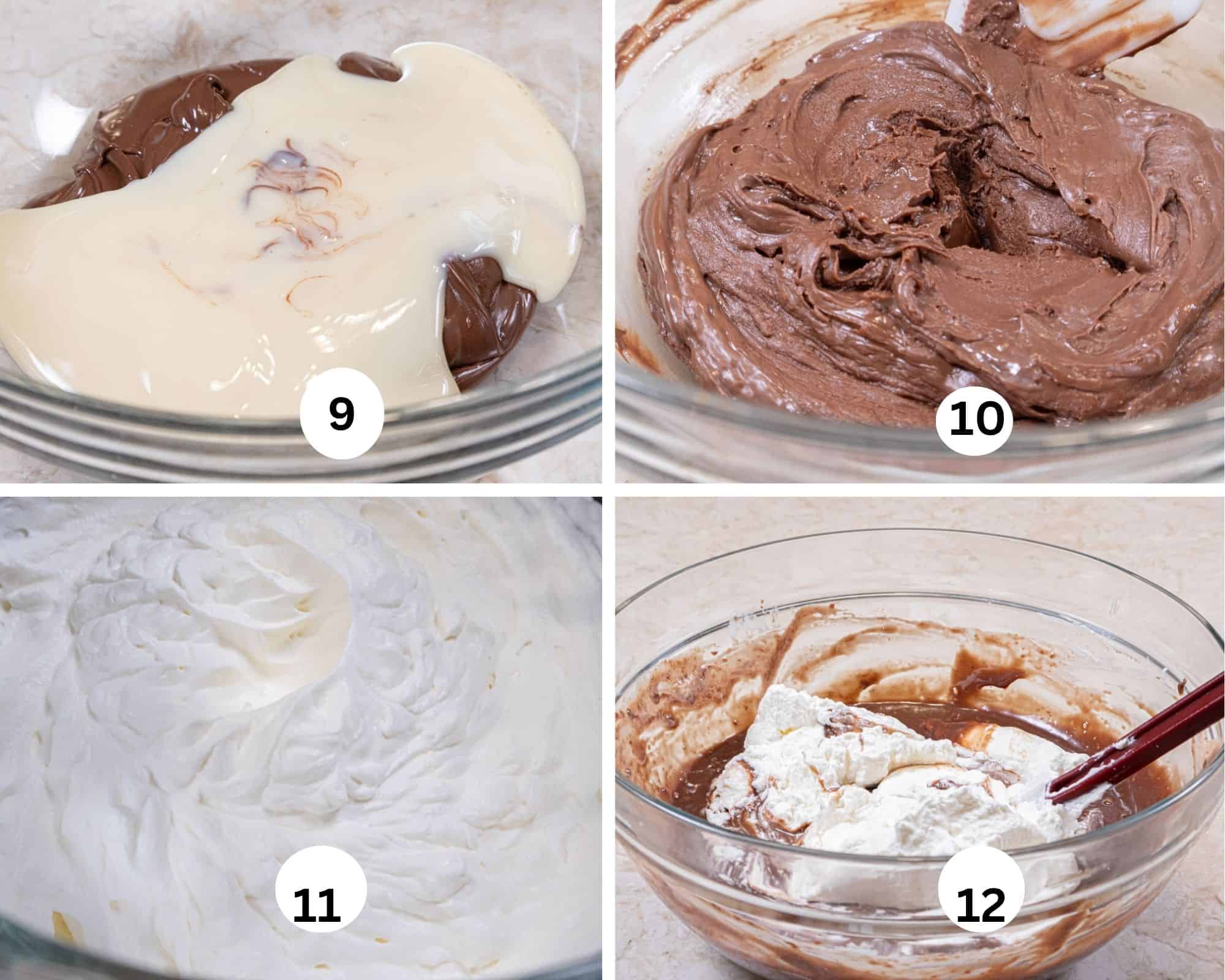 This collage shows the condensed milk poured over the nutella, the two blended ,the cream whipped and added to the nutella mixture. 