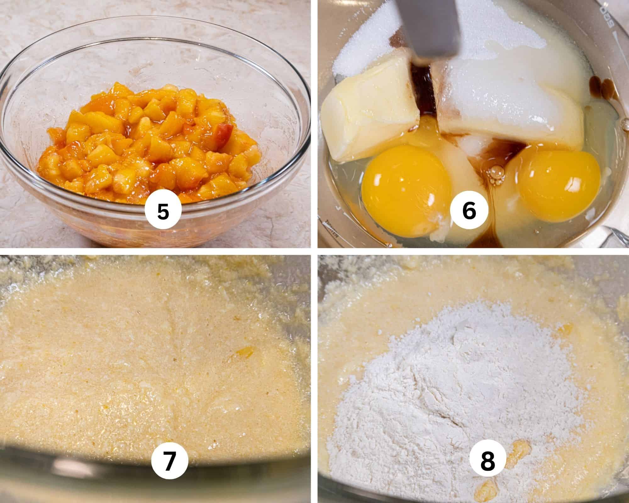This collage shows the peaches mixed with the sugar and clearjel, the butter, sugar, eggs and vanilla in the bowl of a mixer, beaten and curdled, and flour added to the mixture.