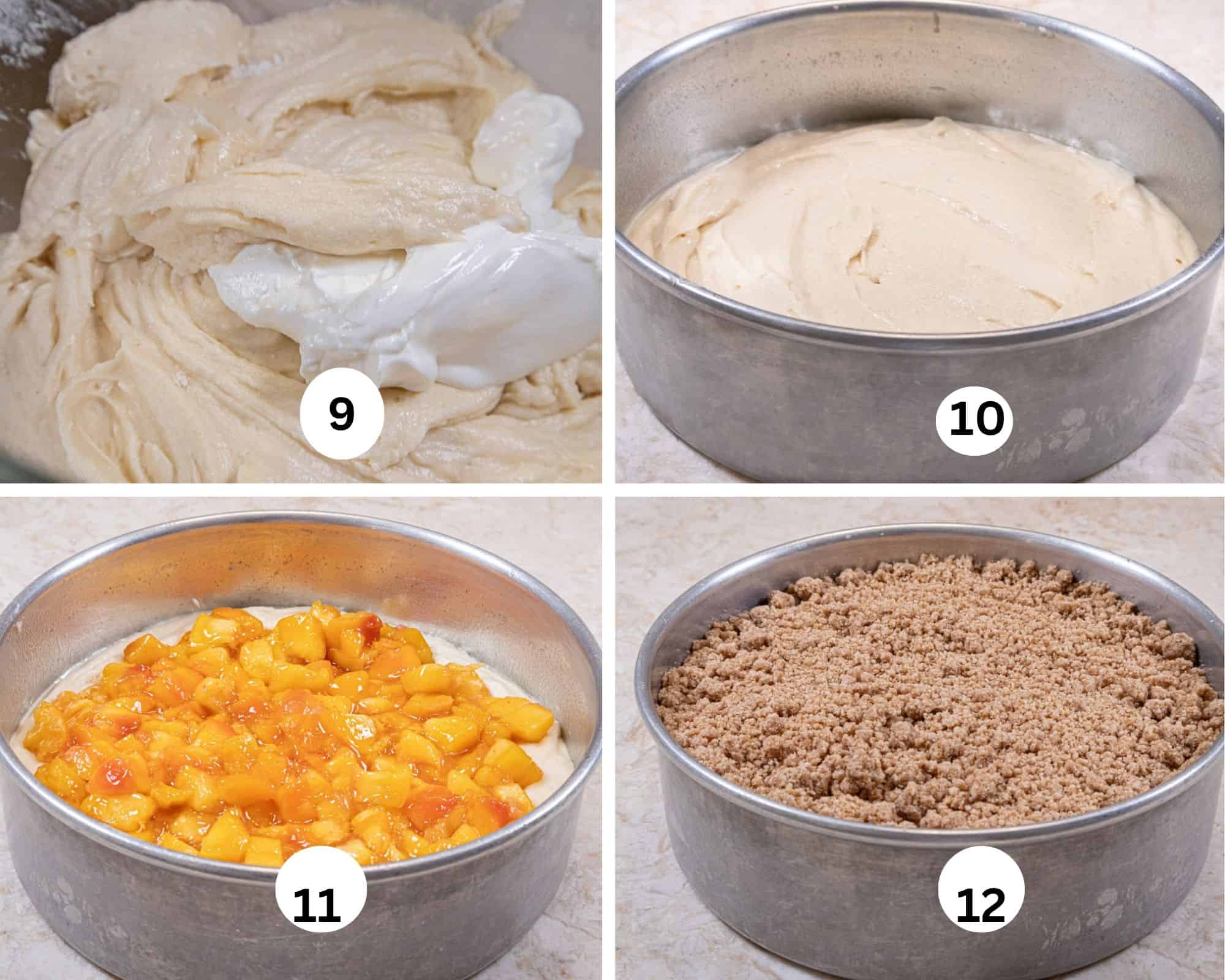 This collage shows the sour cream being added to the mixing bowl, the finished batter added to the baking pan, the peaches put on top of the batter, and the  crumbs covering the peaches. 