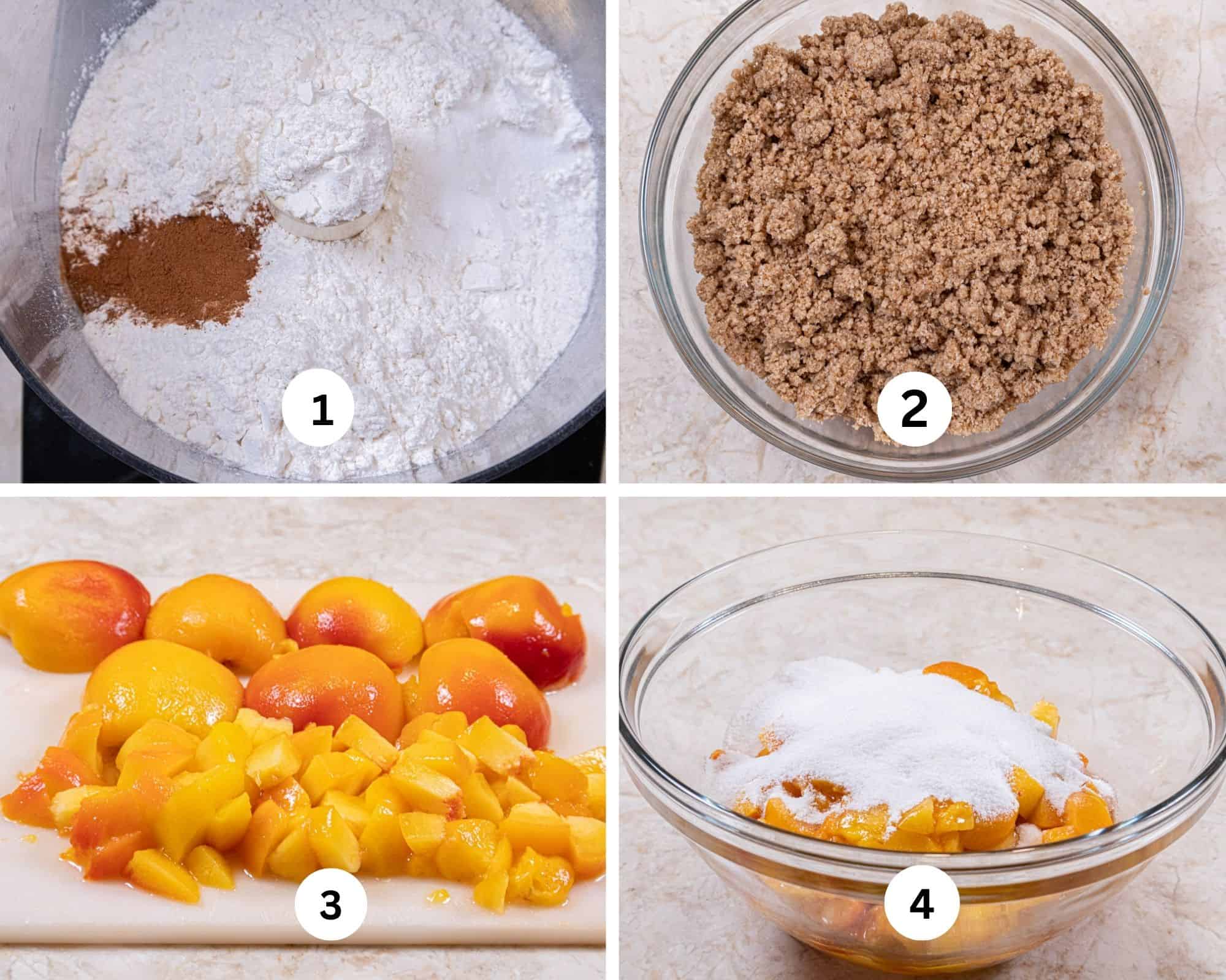 The first collage for the Peach Crumble Coffee Cake include the dry ingredients for the crumble in the processor, processed to make crumbs, the peaches peeled and cut and the instant clearjel and sugar mixed and added to the cut peaches.  