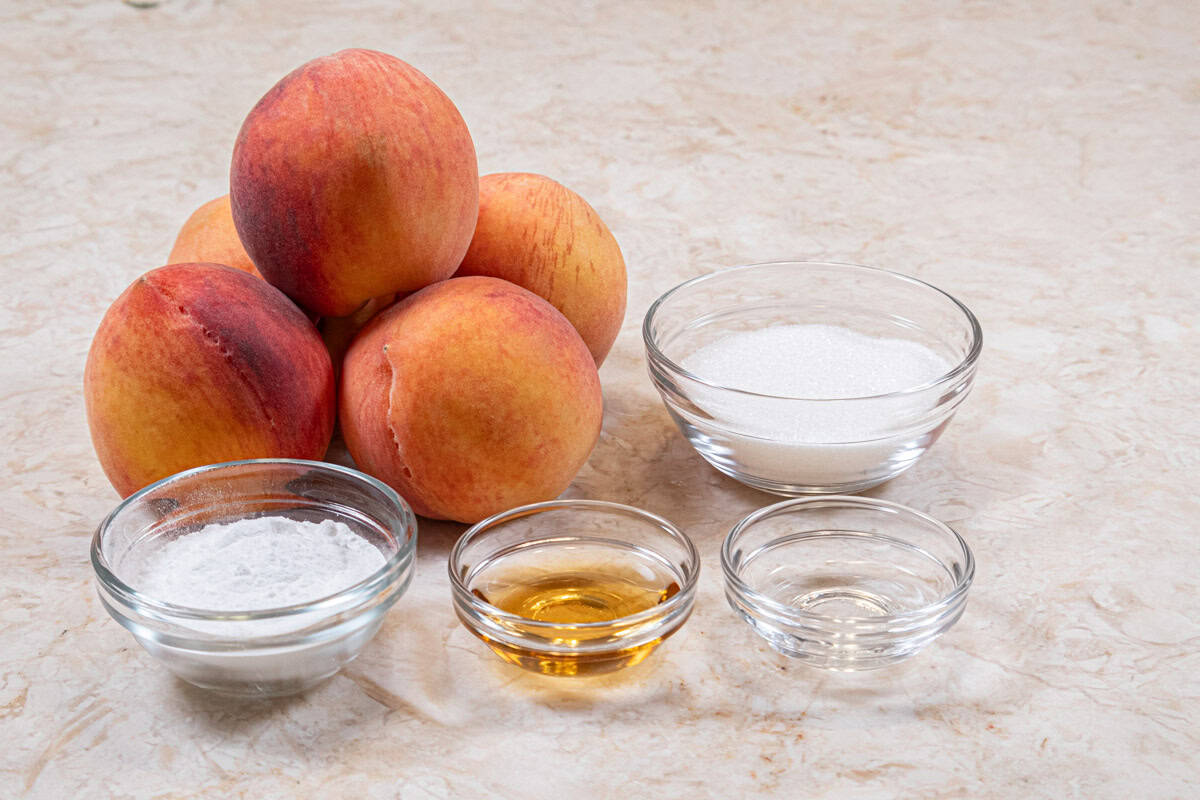 The peach filling ingredients are peaches, granulated sugar, instant clearjel, white balsamic vinegar and almond extract.