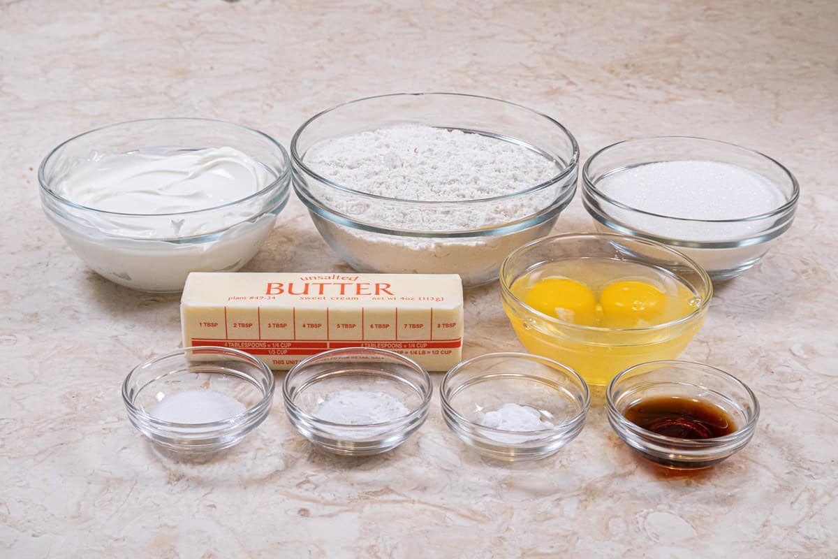 Sour Cream Coffee Cake ingredients are:  Unsalted butter, granulated sugar, eggs, all-purpose flour, baking powder, baking soda, table salt, sour cream and vanilla extract.  