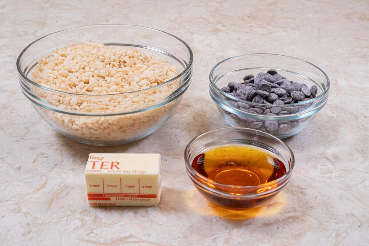ingredients for the chocolate rice krispies include, rice krispies, semisweet chocolate, unsalted butter and golden syrup.