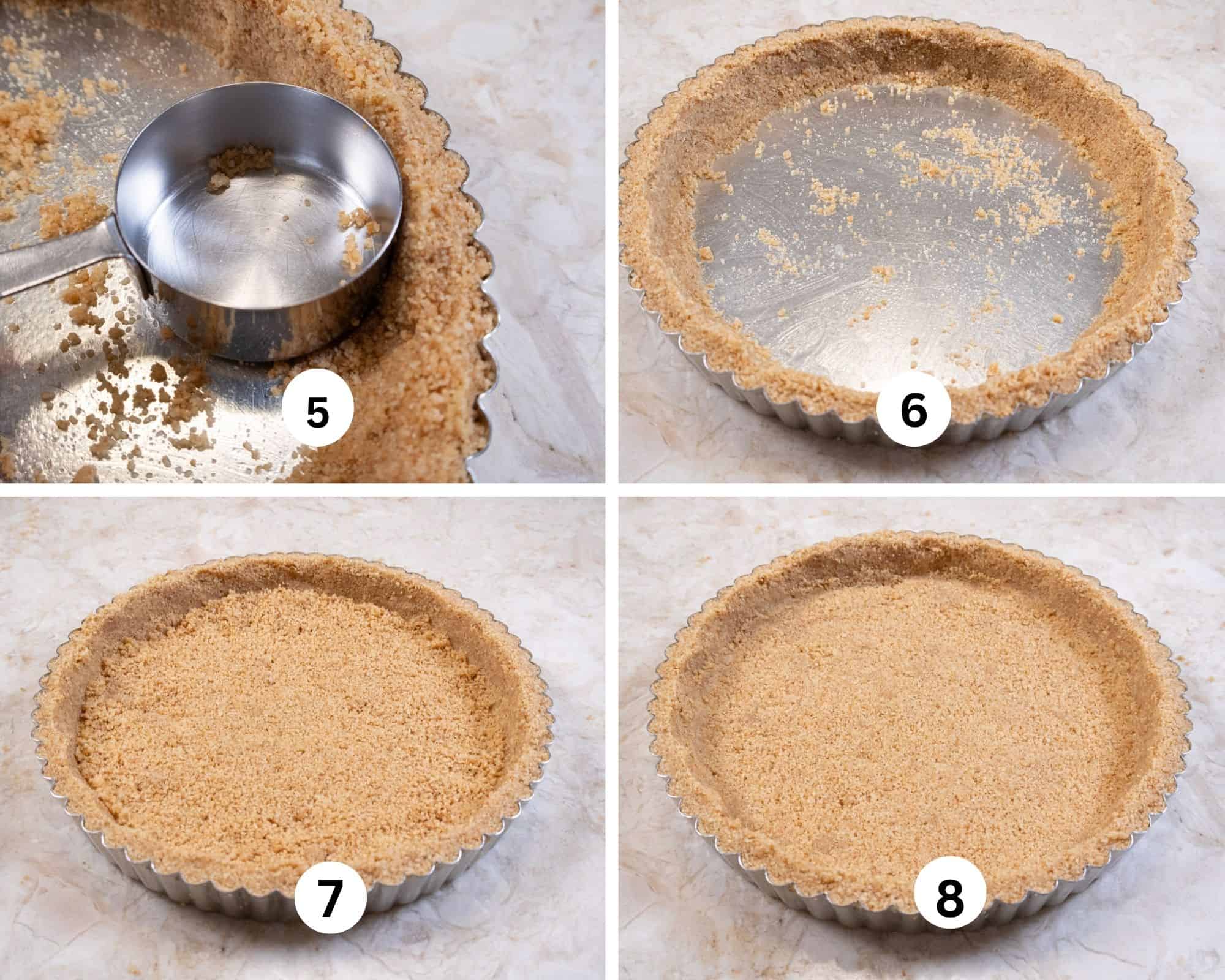 The second collage shows the cracker crumbs pressed against the side of a 9" tart pan, and the bottom pressed in to complete the crust. 