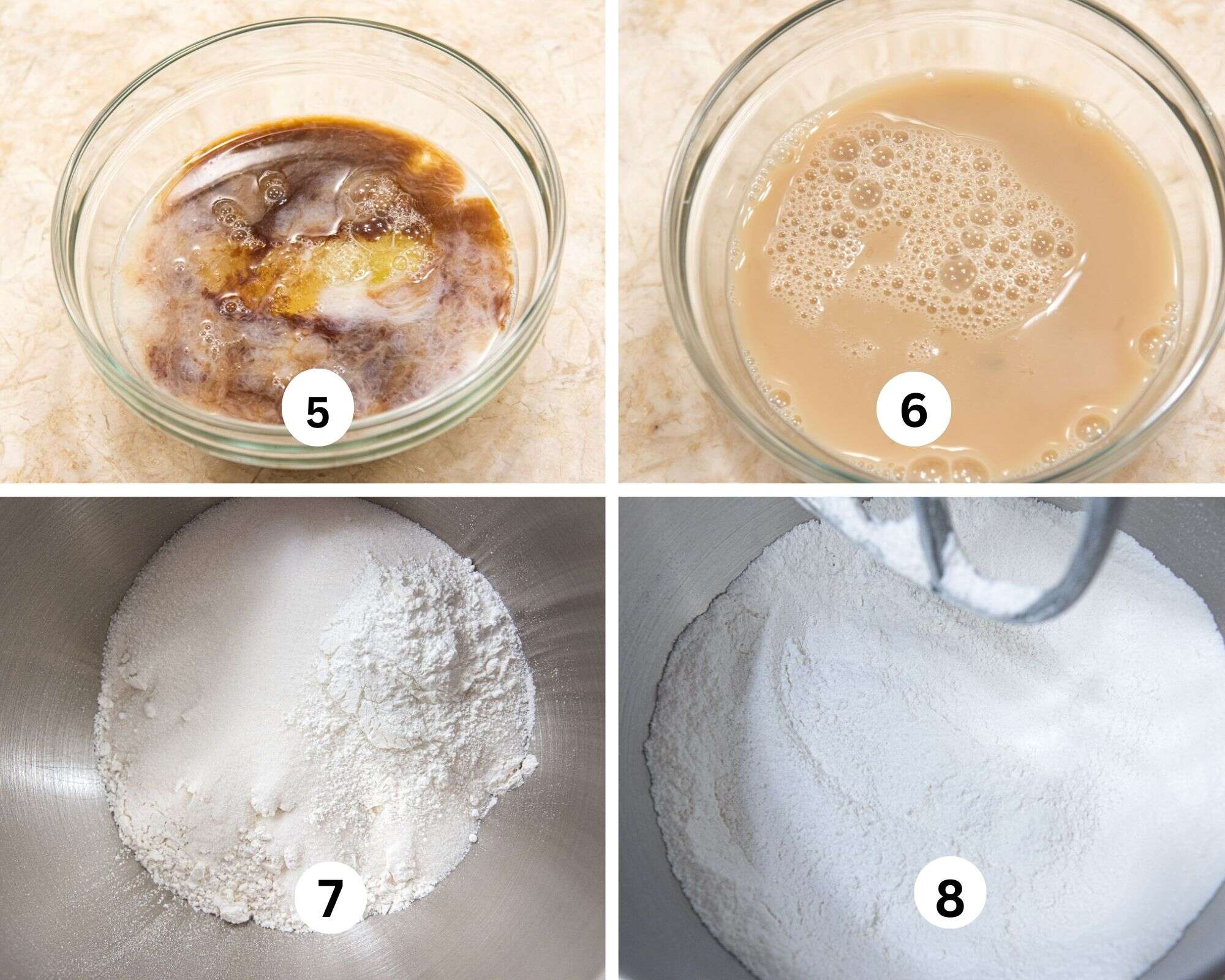 The base white cake collages shows the egg whites, some milk and extracts are mixed, and the dry ingredients in the mixing bowl and mixed. 
