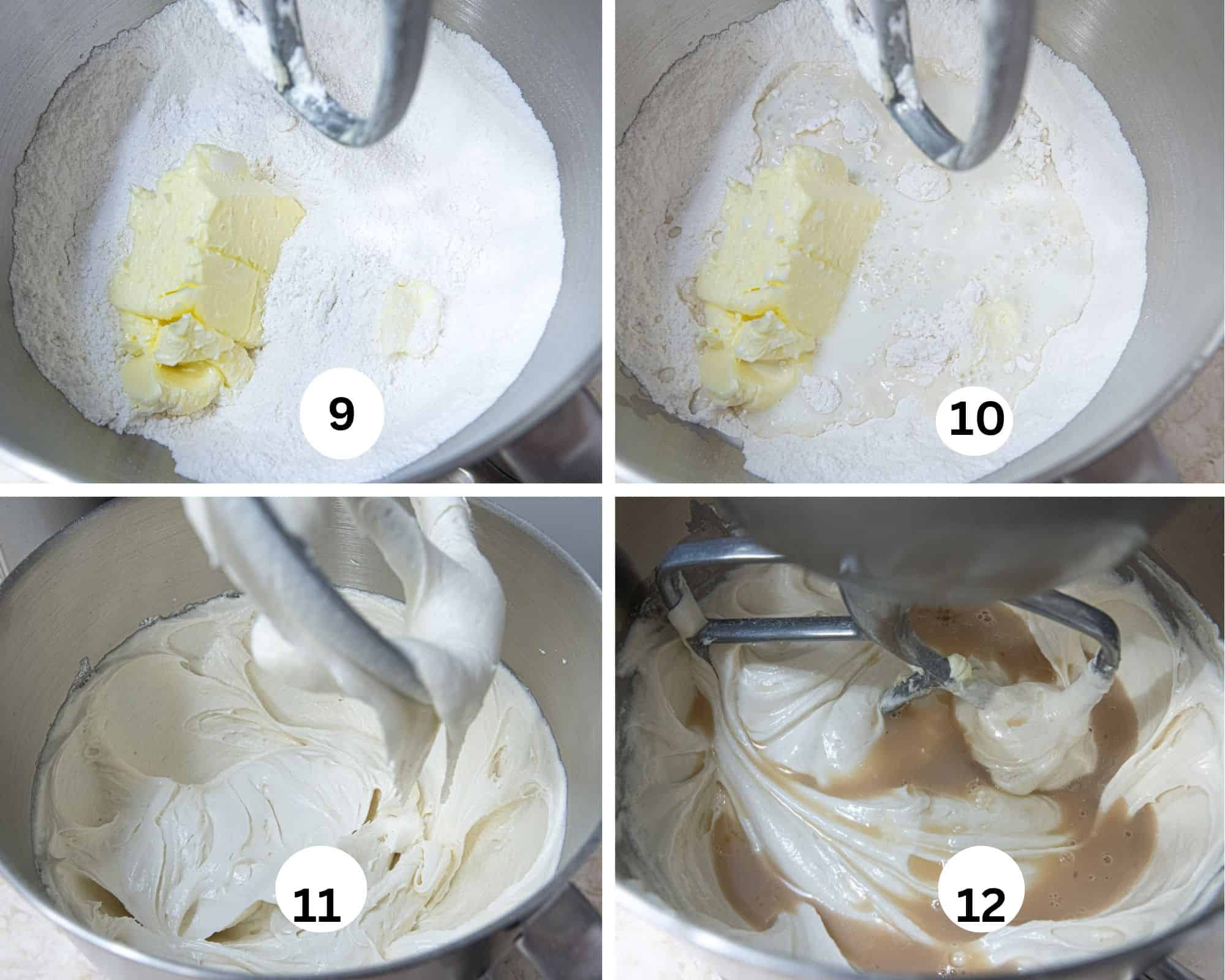 This collages shows the butter added to the dry ingredients in the mixing bowl, the milk added, then mixed and last the egg white mixture added. 