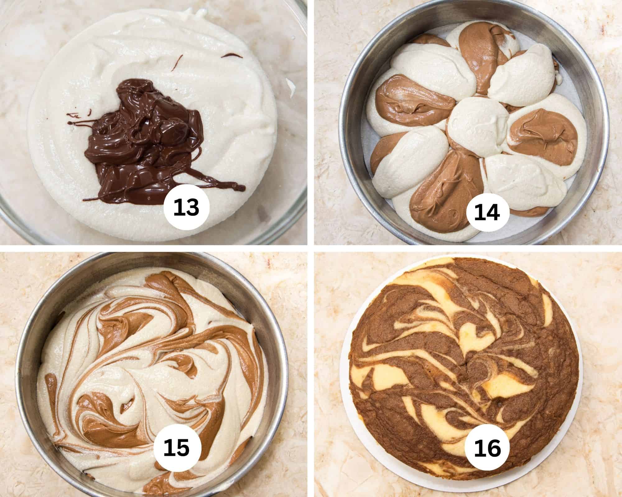 The collage shows the marble layer being made by adding chocolate to half of the white base layer, alternating batters in the pan, swirling them and the baked layer. 