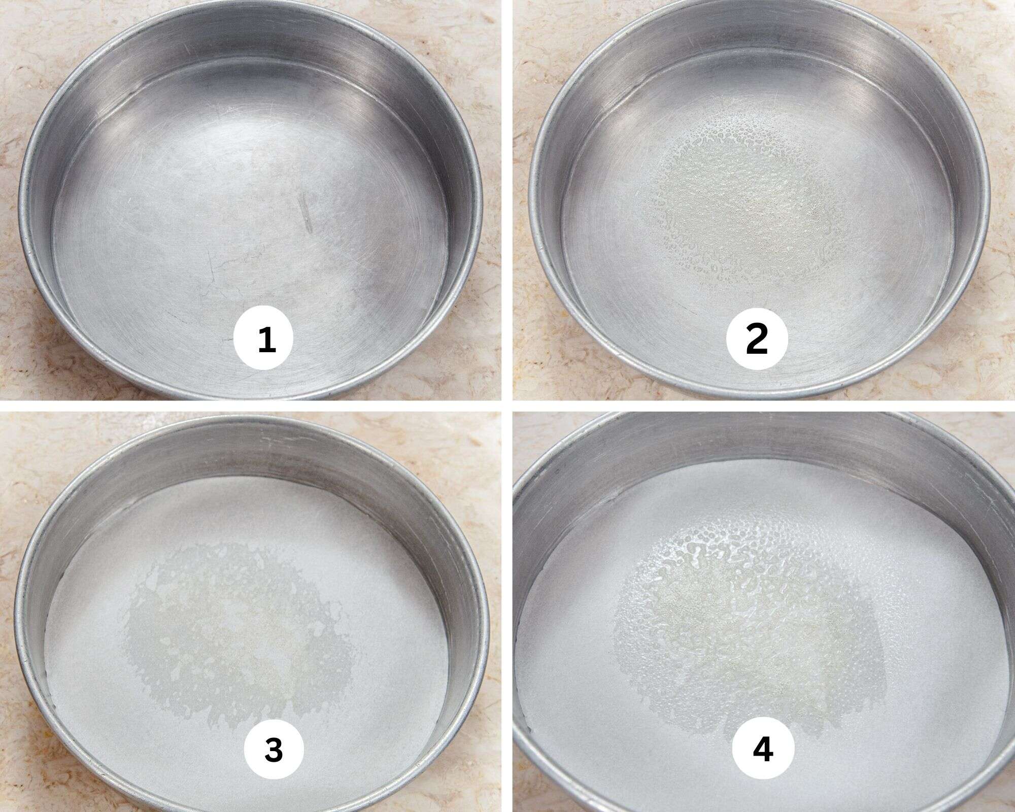 This collage shows how to prepare the cake pans so the layers come out flat.  It show the pan, center only sprayed with a non-stick baking release, parchment paper linng the pan and the center of the paper sprayed. 
