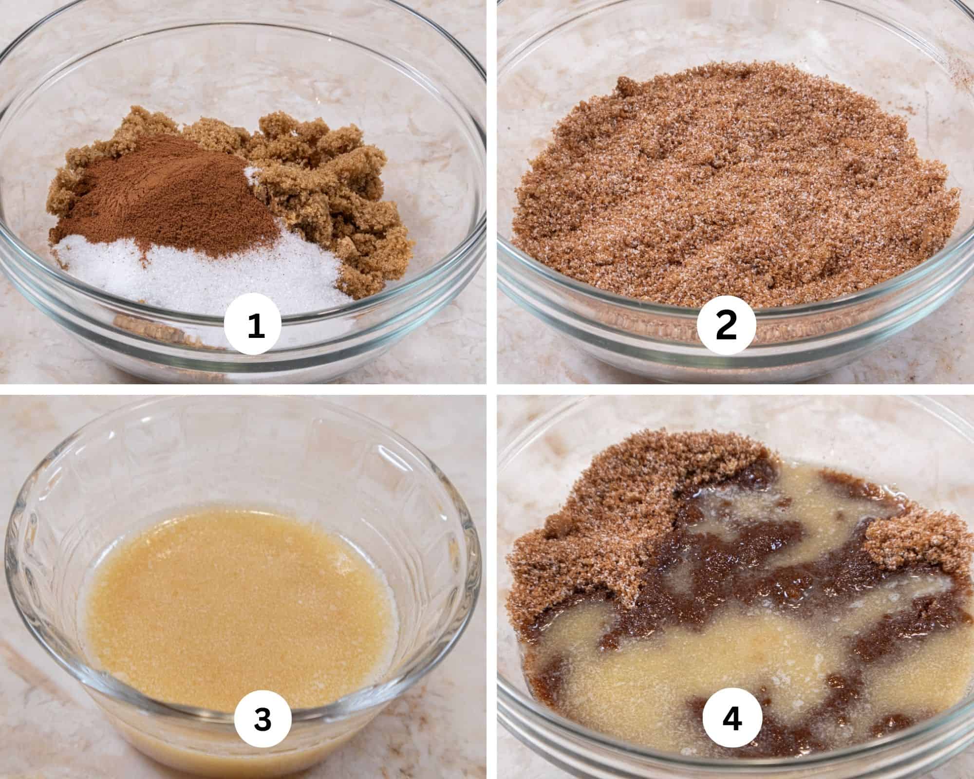 The cinnamon crunch collage shows the two brown and granulated sugar with the cinnamon in a bowl, mixed together, the melted butter and vanilla in a bowl and then added to the dry ingredients.