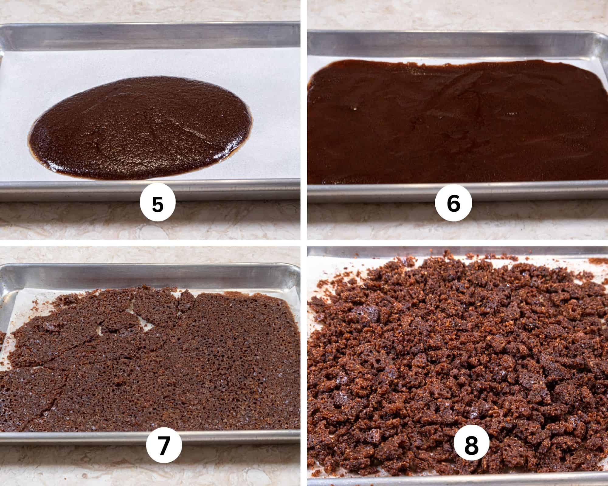 This collages shows the cinnamon crunch on a tray, spread out, baked and crushed into crumbles. 