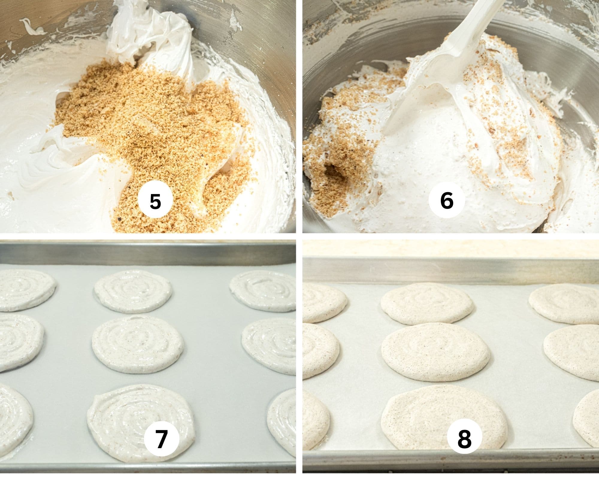 This collage shows the ground nuts being folded into the meringue, the discs piped and baked. 