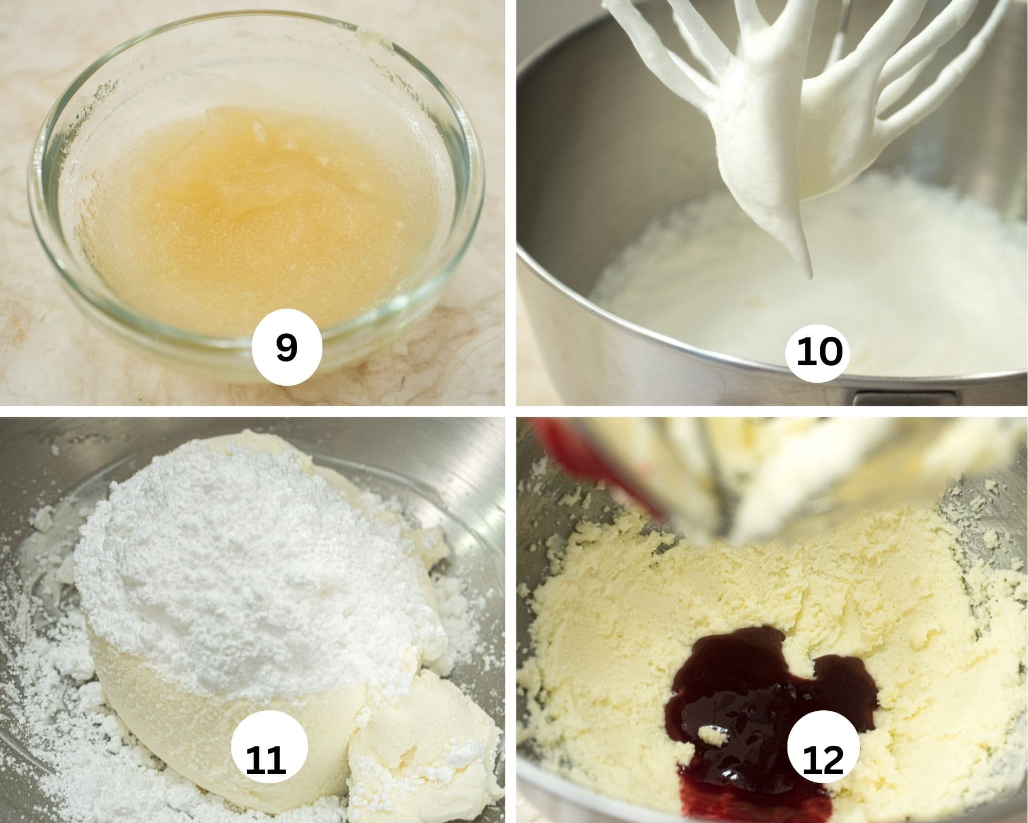 This collage shows the steps for making the raspberry mousse including blooming the gelatin, whipping the cream, ten the mascarpone and powdered sugar then the mascarpone and raspberry jam. 