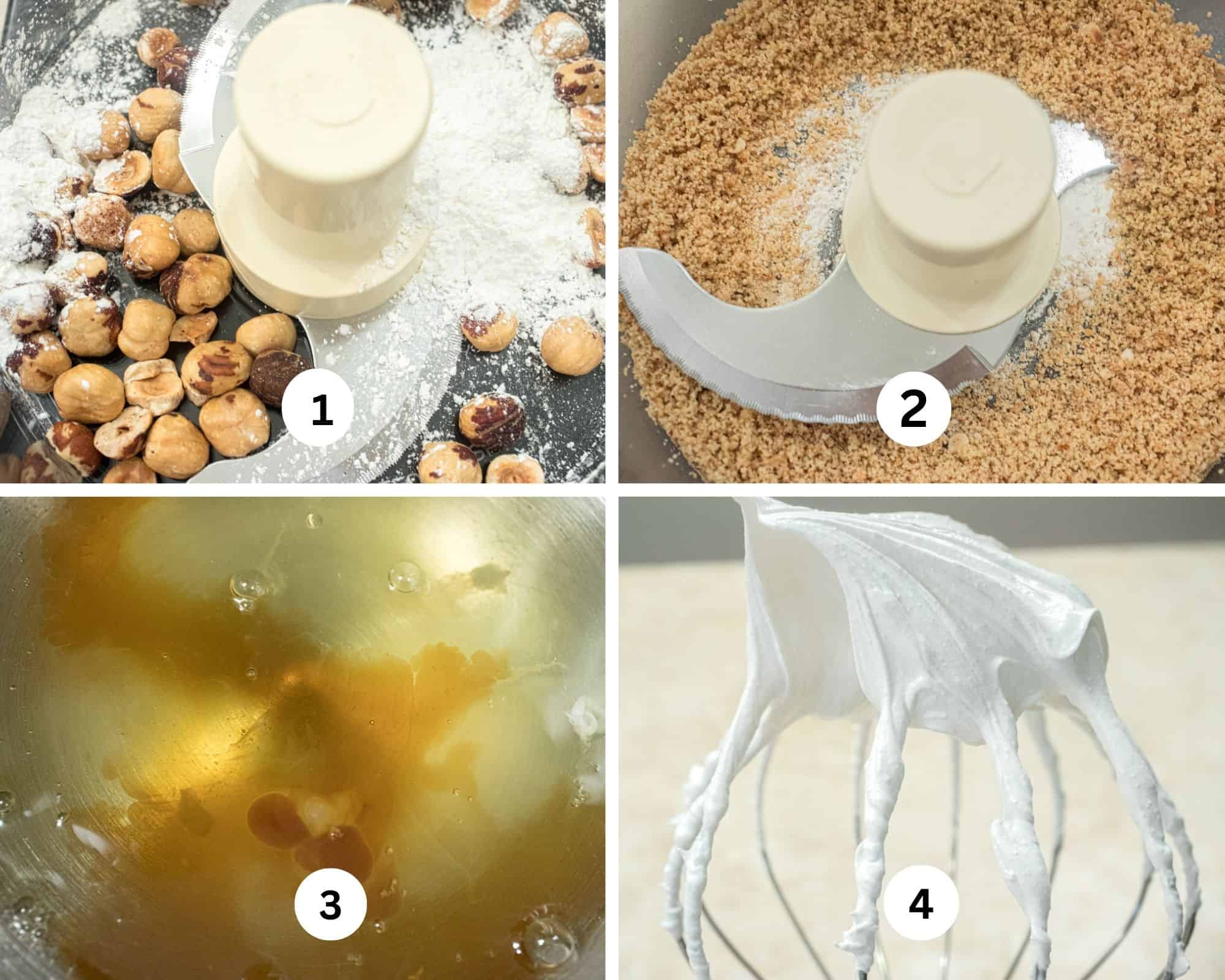 The first collage shows the nuts and powdered sguar n the processor, then ground finely, the egg whites, sugar and vanilla in the bowl of a mixer and the egg whites beaten stiffly. 