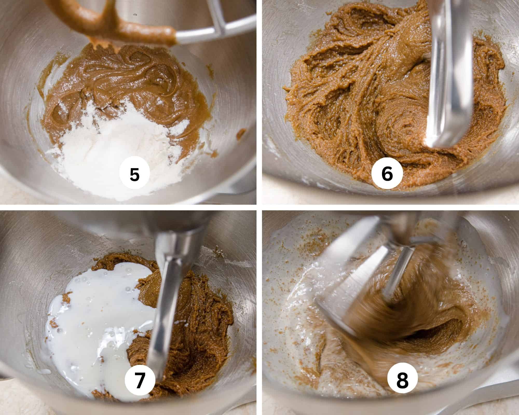 The second collages show the first addition of flour, then mixed in, the first addition of buttermilk  and that being beaten in. 